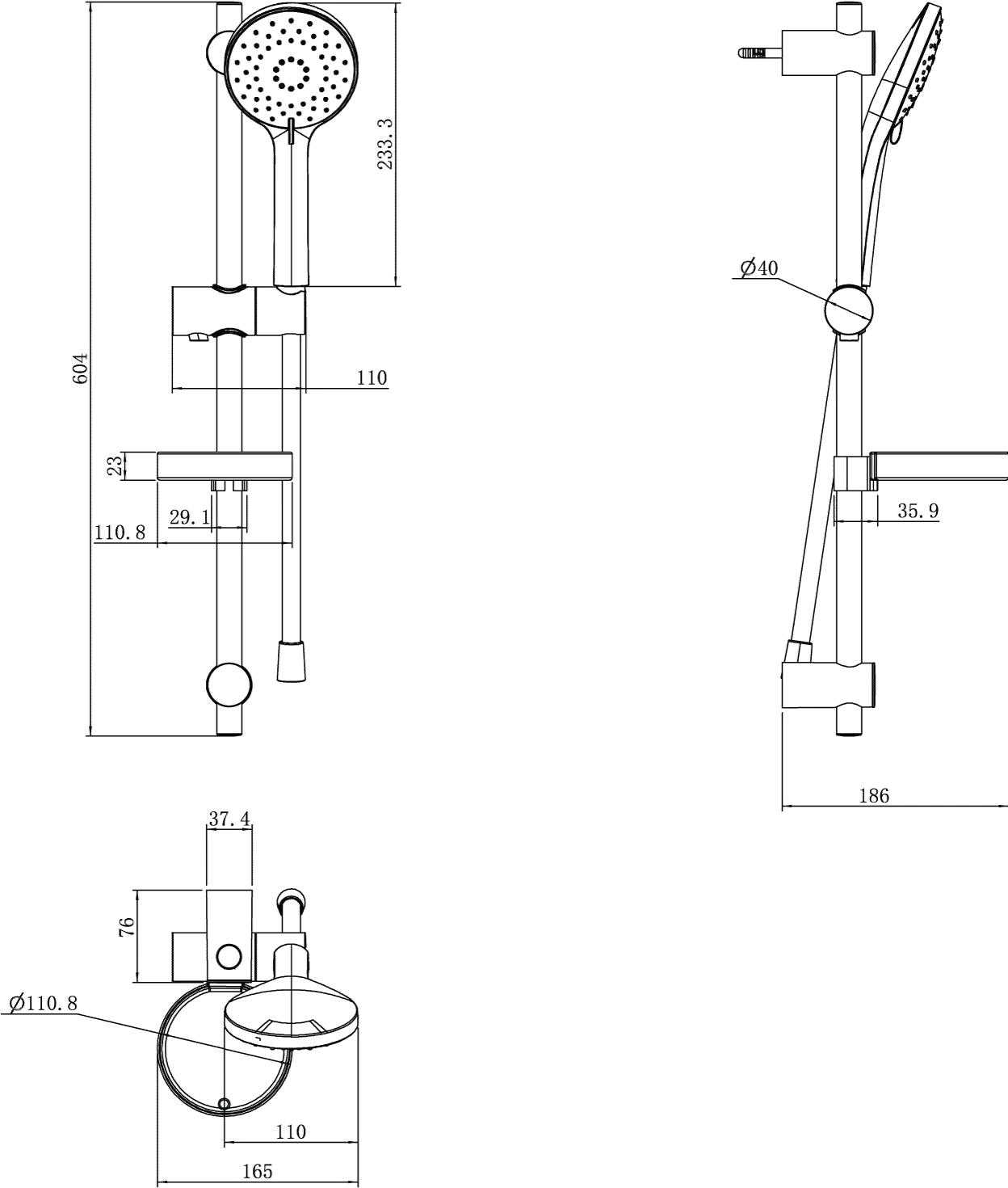 Gleitstangekombination TVS10900400061, Befestigung verdeckt 7,6 cm in Matt Black Gleitstangekombination TVS10900400061, Befestigung verdeckt 7,6 cm in Matt Black