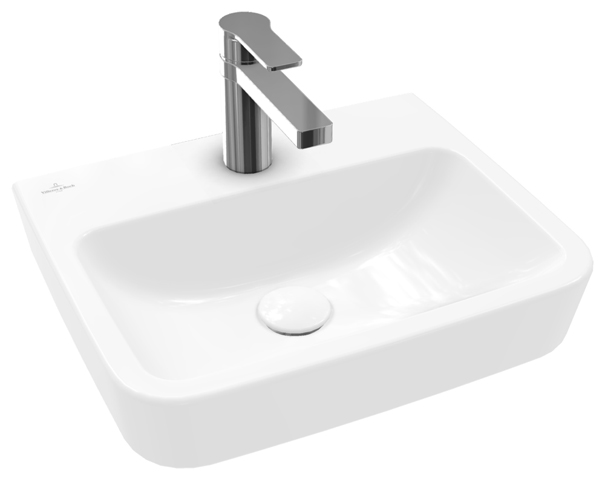 Handwaschbecken O.novo 434446, 450 x 370 mm, Eckig, Becken mittig, 1HL. mittleres Hahnloch durchgestochen, ohne Überlauf, Weiß Alpin