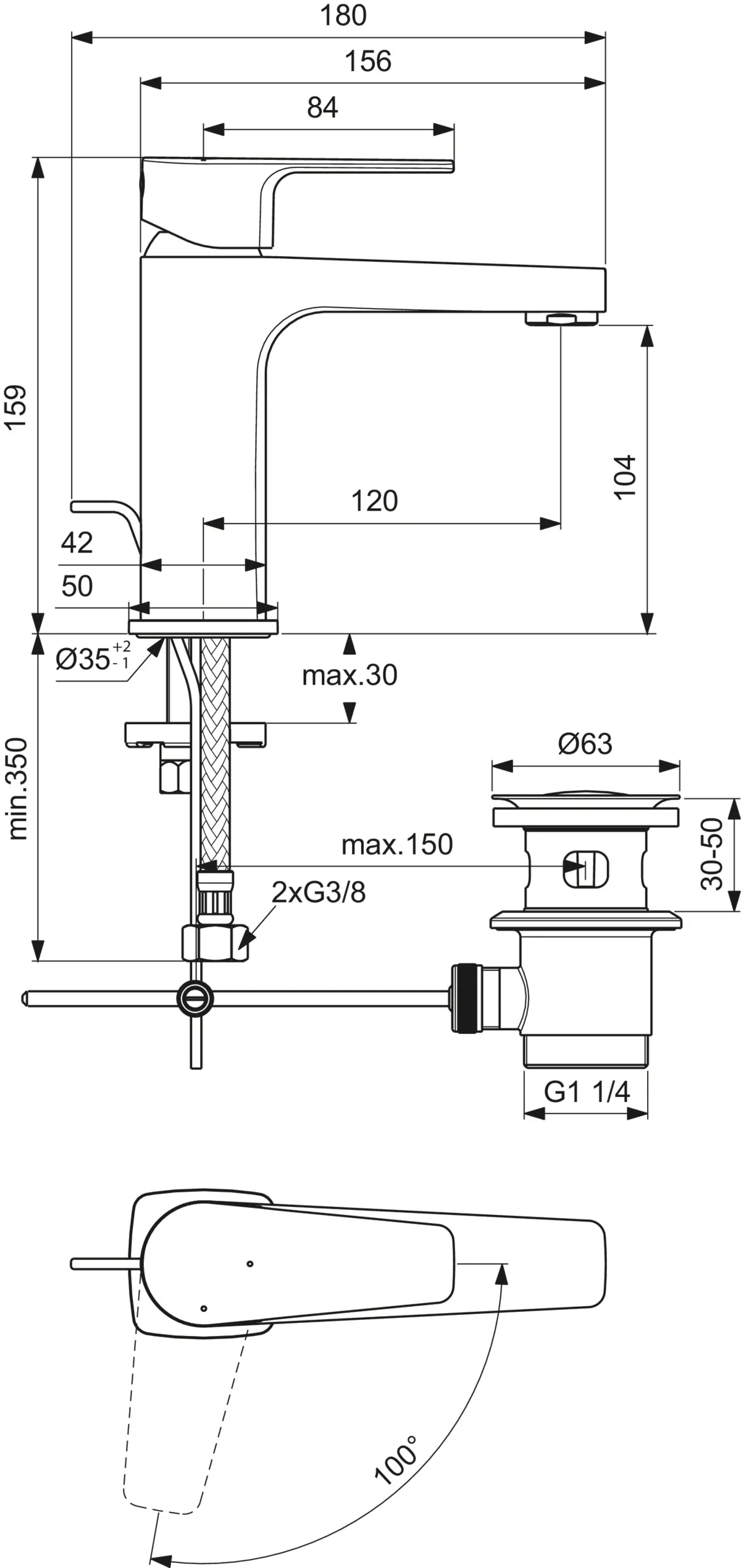 Waschtischarmatur Cerafine D, H105, BlueStart, mit Ablaufgarnitur, Ausladung 120mm, Chrom