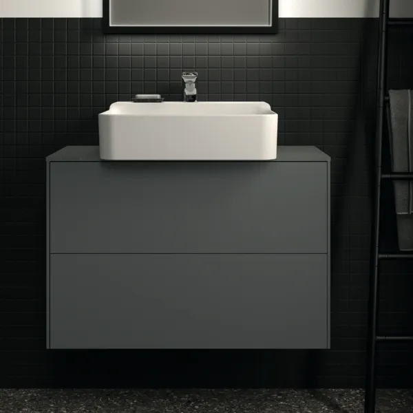 Waschtischplatte Conca, aus Keramik, 802x373x6mm, Marmor Noir Desir