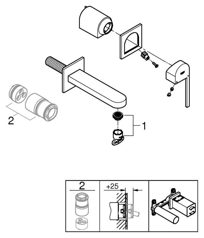 2-Loch-Waschtischbatterie Plus 29306_3, Wandmontage, Fertigmontageset für 23 200, Ausladung 203 mm, chrom