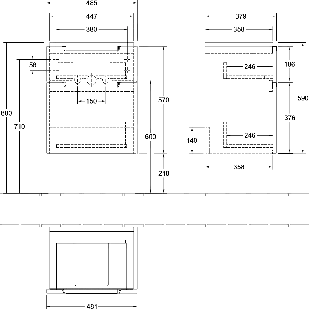 Villeroy & Boch Waschtischunterschrank „Subway 2.0“ 485 × 590 × 379 mm Glossy Grey, für Becken mittig, ohne Beleuchtung