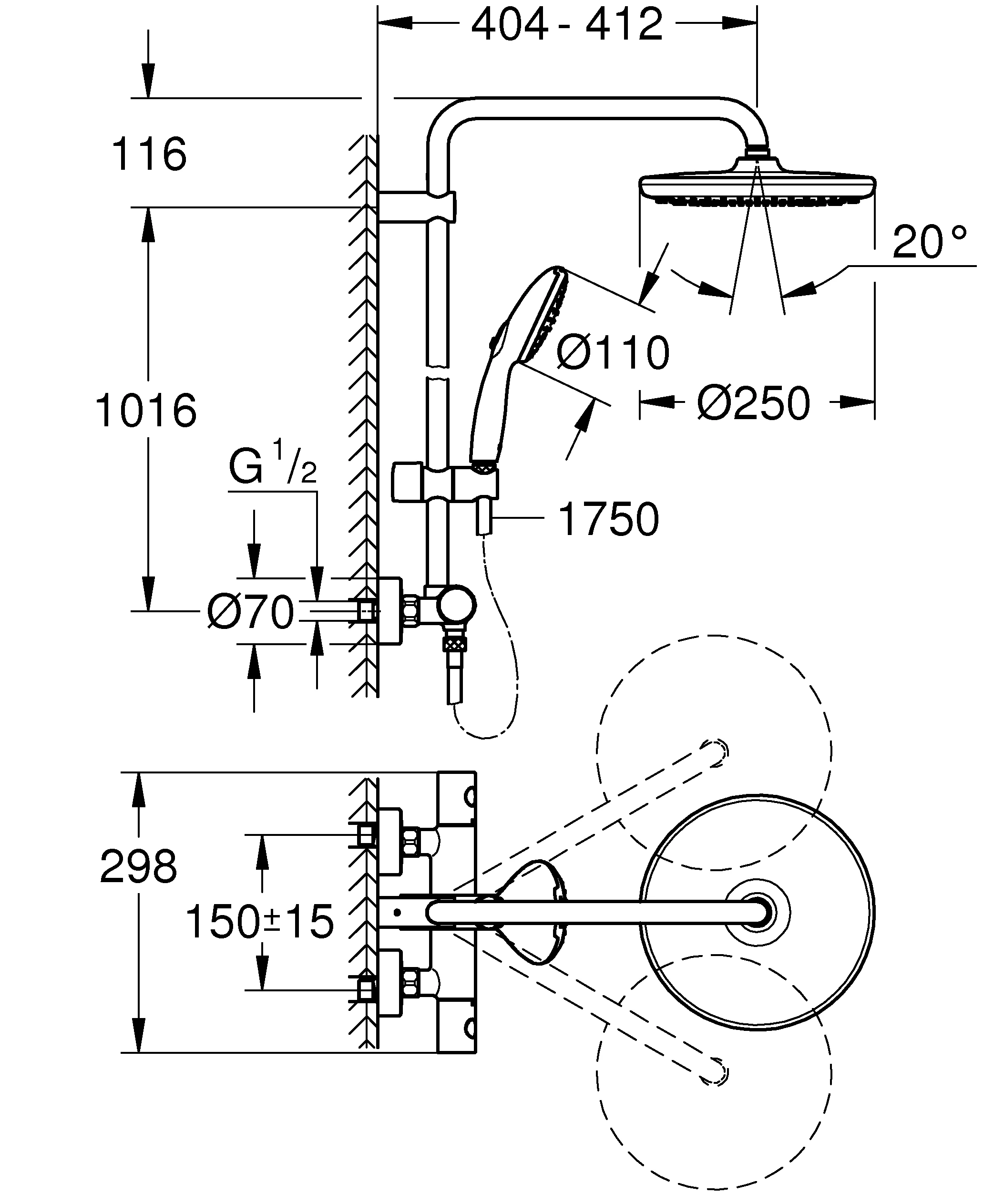 Duschsystem Tempesta 250 26670_1, mit Thermostatbatterie, Wandmontage, Kopfbrause Tempesta 250, weiße Rückseite, Strahlart: Rain, Handbrause Tempesta 110, 2 Strahlarten, Water Saving, Maximaler Durchfluss (bei 3 bar): 8.5 l/min, chrom