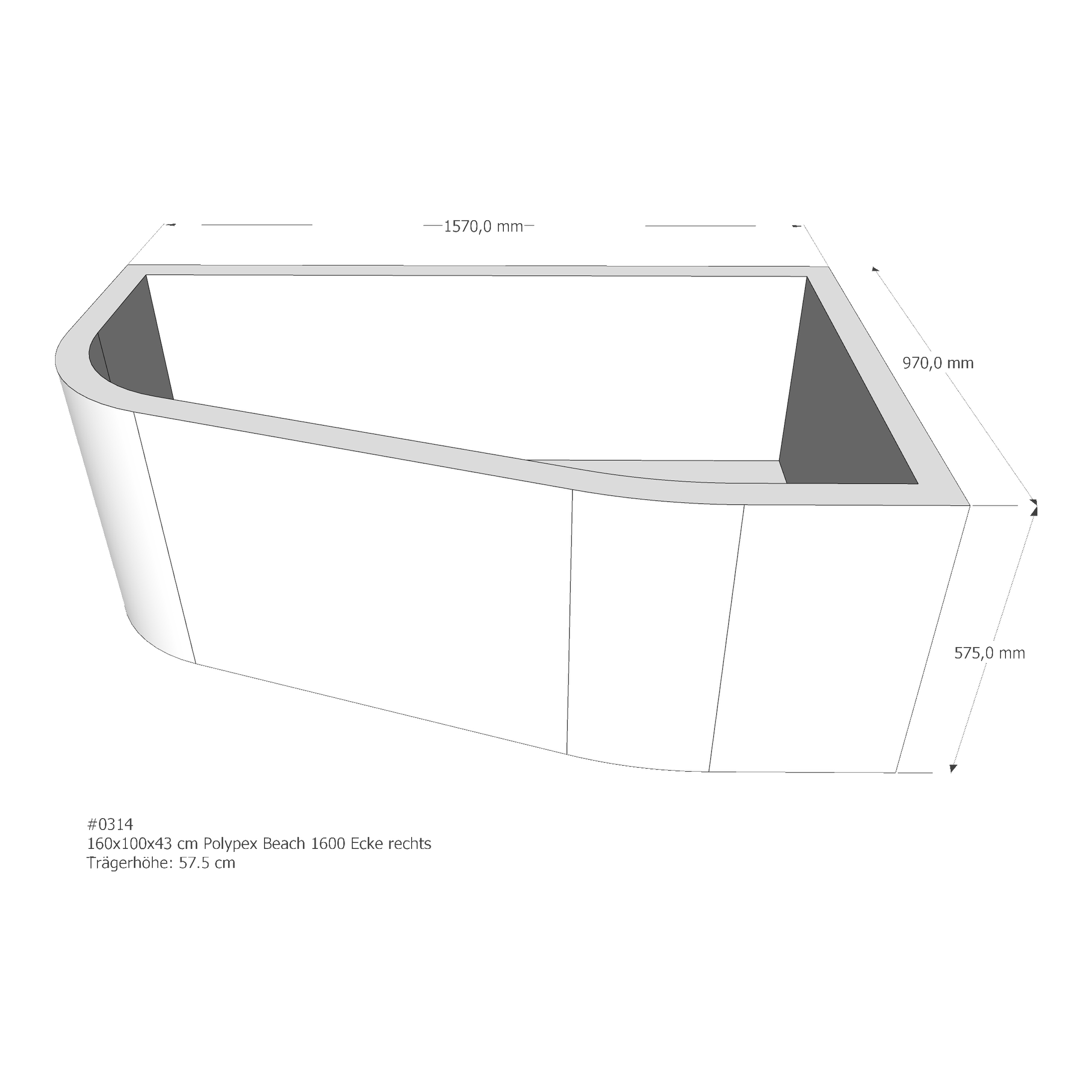 Badewannenträger für Polypex Beach 1600 Ecke rechts 160 × 100 × 43 cm