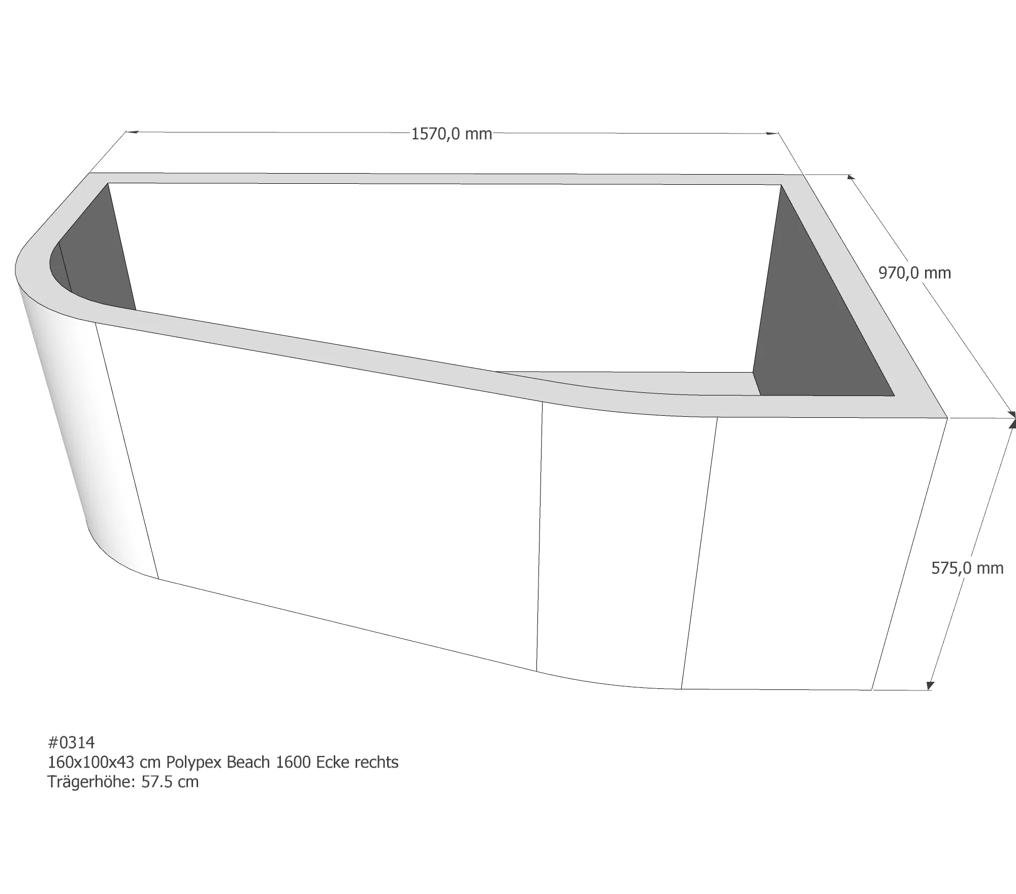 Badewannenträger passend für Polypex Beach 1600 Ecke rechts rechts 160 × 100 × 43 cm