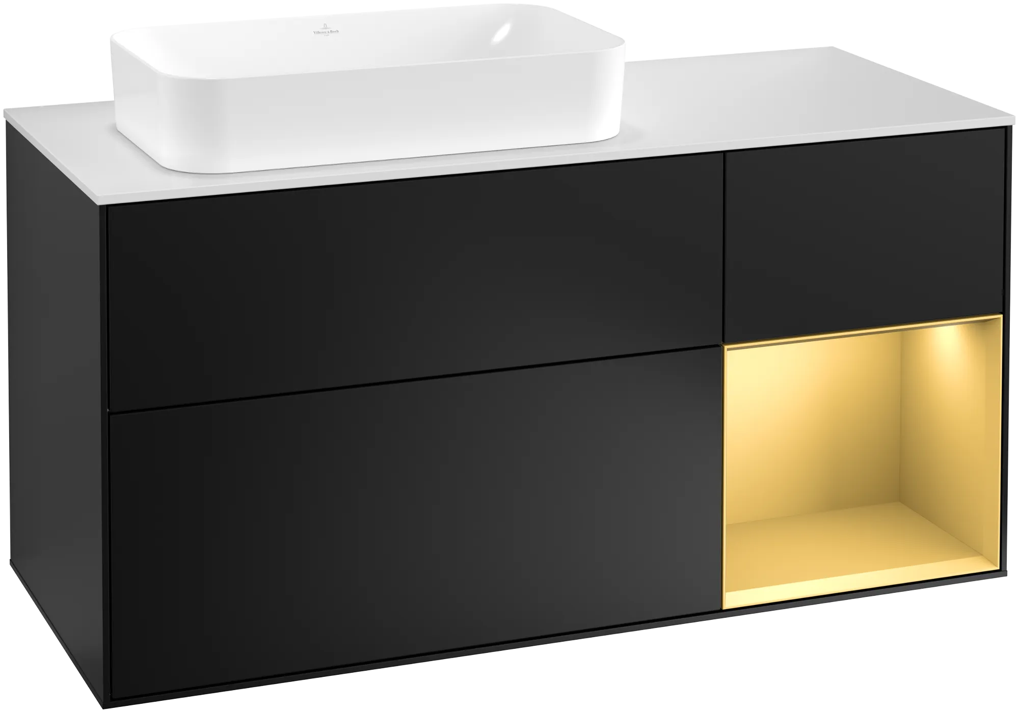Villeroy & Boch Finion Waschbeckenunterschrank F28, 1200x603x501mm, Black Matt Lacquer / Gold Matt Lacquer / Glass White Matt