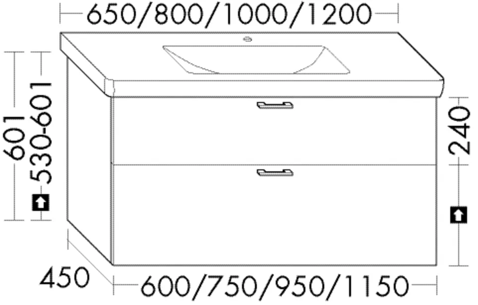Waschtischunterschrank Sys30 von burgbad – 950 mm breit, 480 mm hoch, 1 Schublade oben (300 mm tief), 1 Auszug unten (350 mm tief)
