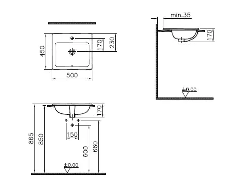 VitrA S20 Einbauwaschtisch 50x45 cm, rechteckig, Weiß Hochglanz