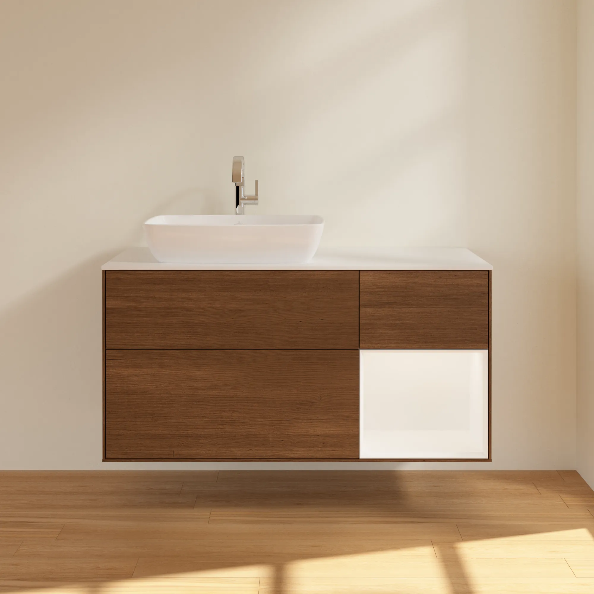 Villeroy & Boch Waschtischunterschrank „Finion“ für Schrankwaschtisch 1200 × 603 × 501 mm Walnut Veneer, für Becken links, mit Hahnlochbohrung Villeroy & Boch Waschtischunterschrank „Finion“ für Schrankwaschtisch 1200 × 603 × 501 mm Walnut Veneer, für Becken links, mit Hahnlochbohrung