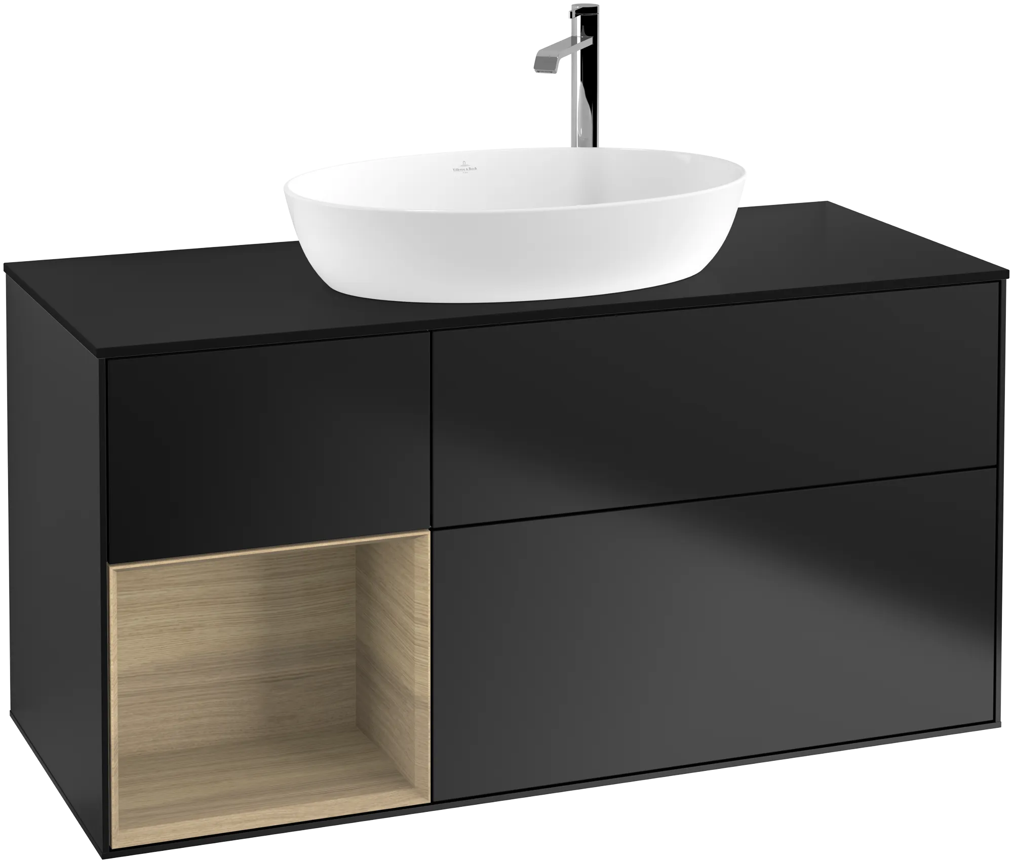 Villeroy & Boch Finion Waschbeckenunterschrank F94 1200x603x501mm Black Matt Lackier / Eiche Spiegeloptik / Glas Schwarz Matt