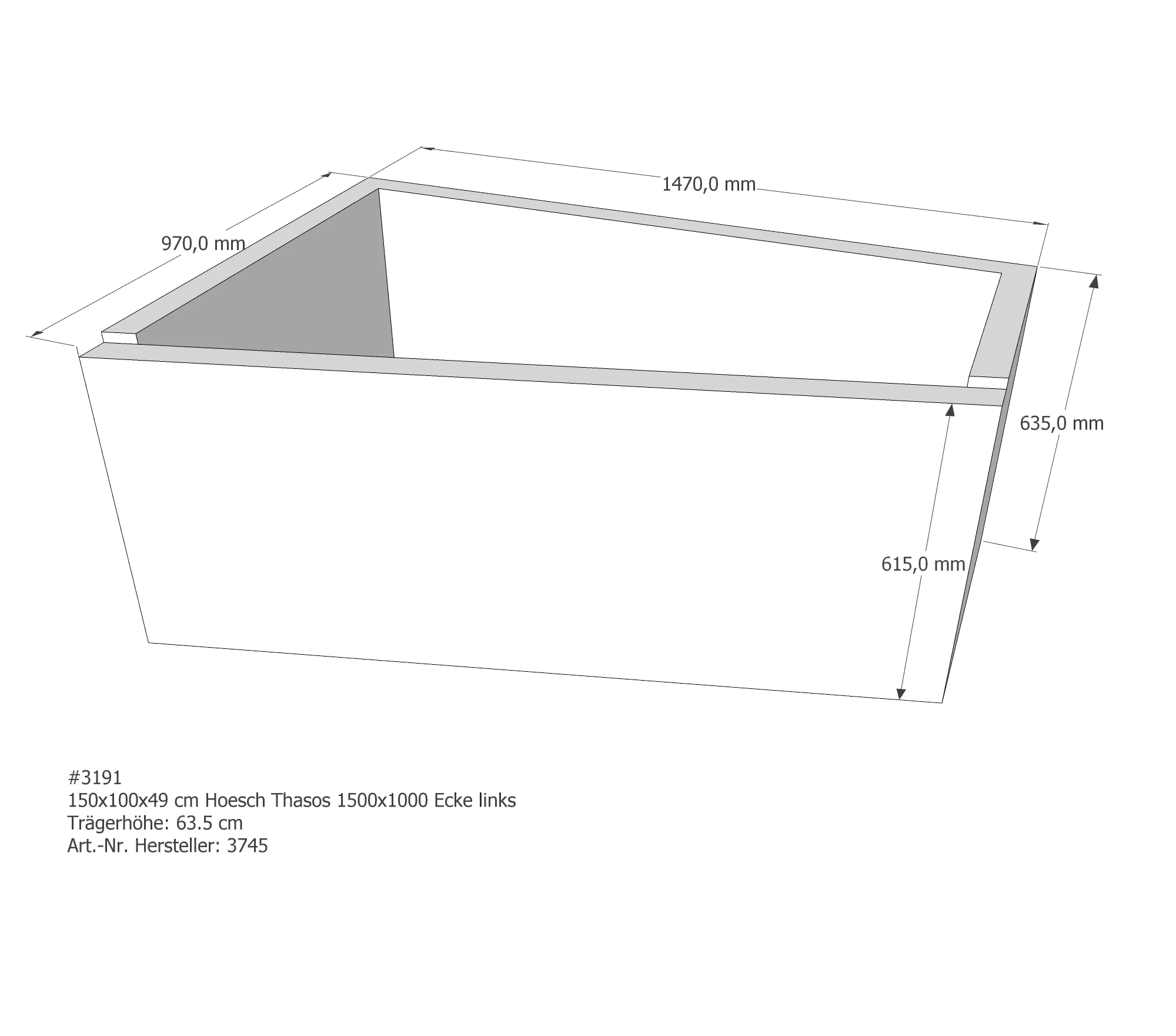 Badewannenträger passend für Hoesch Thasos links 150 × 100 × 49 cm