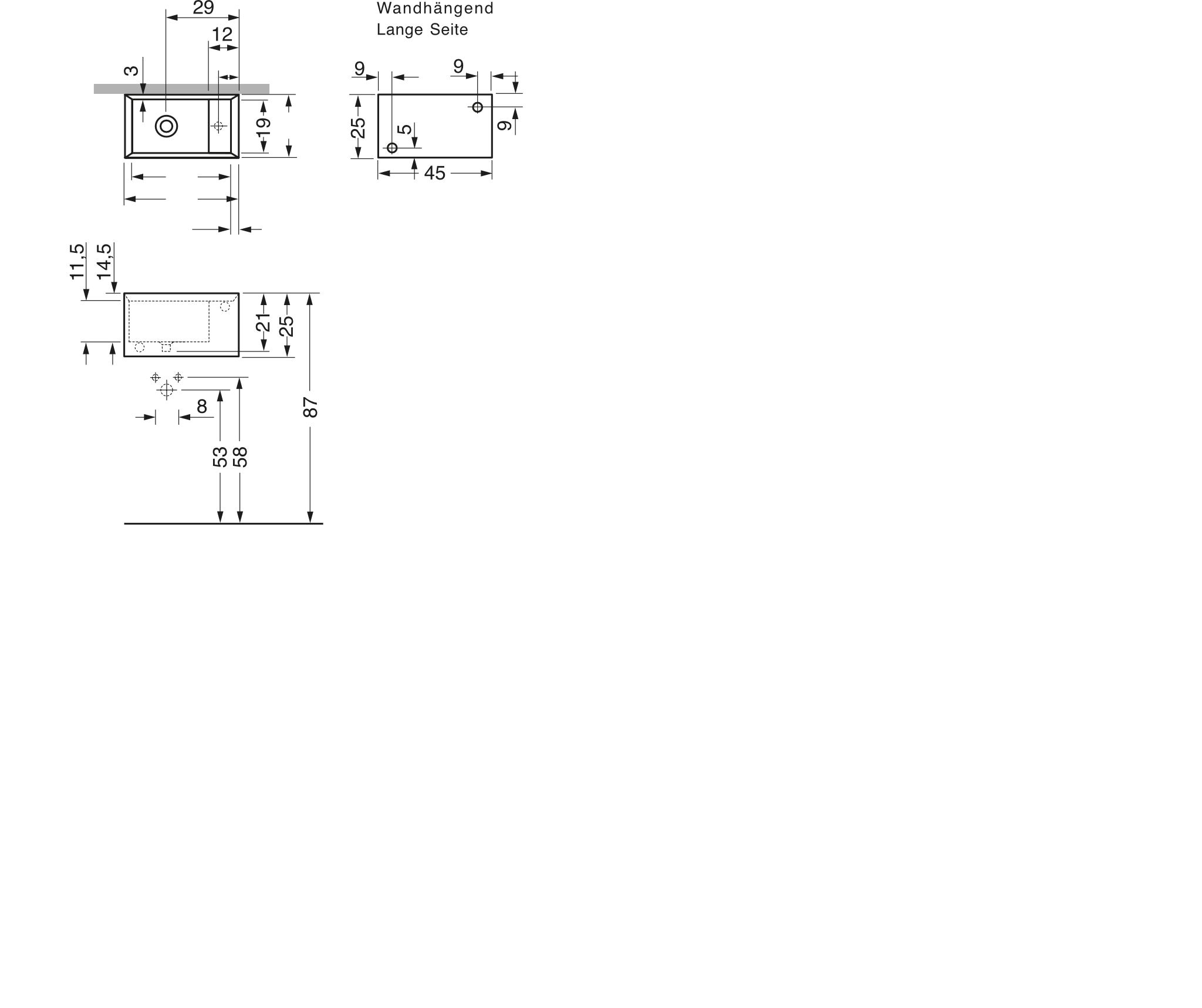 Wandwaschtisch „Cut“ 250 × 450 × 250 mm, mittig, Hahnlochposition rechts, ohne Hahnlochbohrung in Weiß