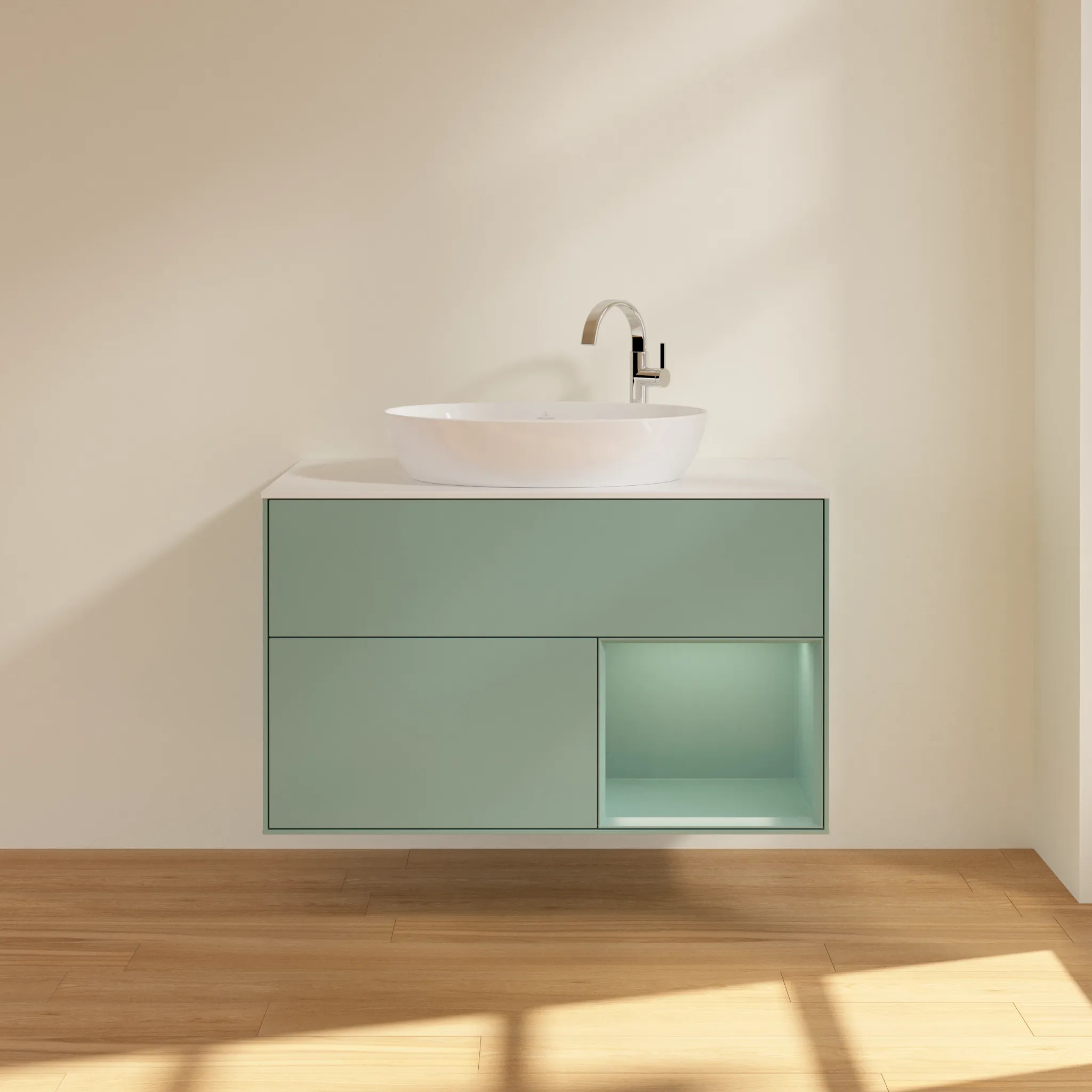 Villeroy & Boch Waschtischunterschrank „Finion“ für Schrankwaschtisch 1000 × 603 × 501 mm Olive Matt Lacquer, für Becken mittig, mit Hahnlochbohrung Villeroy & Boch Waschtischunterschrank „Finion“ für Schrankwaschtisch 1000 × 603 × 501 mm Olive Matt Lacquer, für Becken mittig, mit Hahnlochbohrung