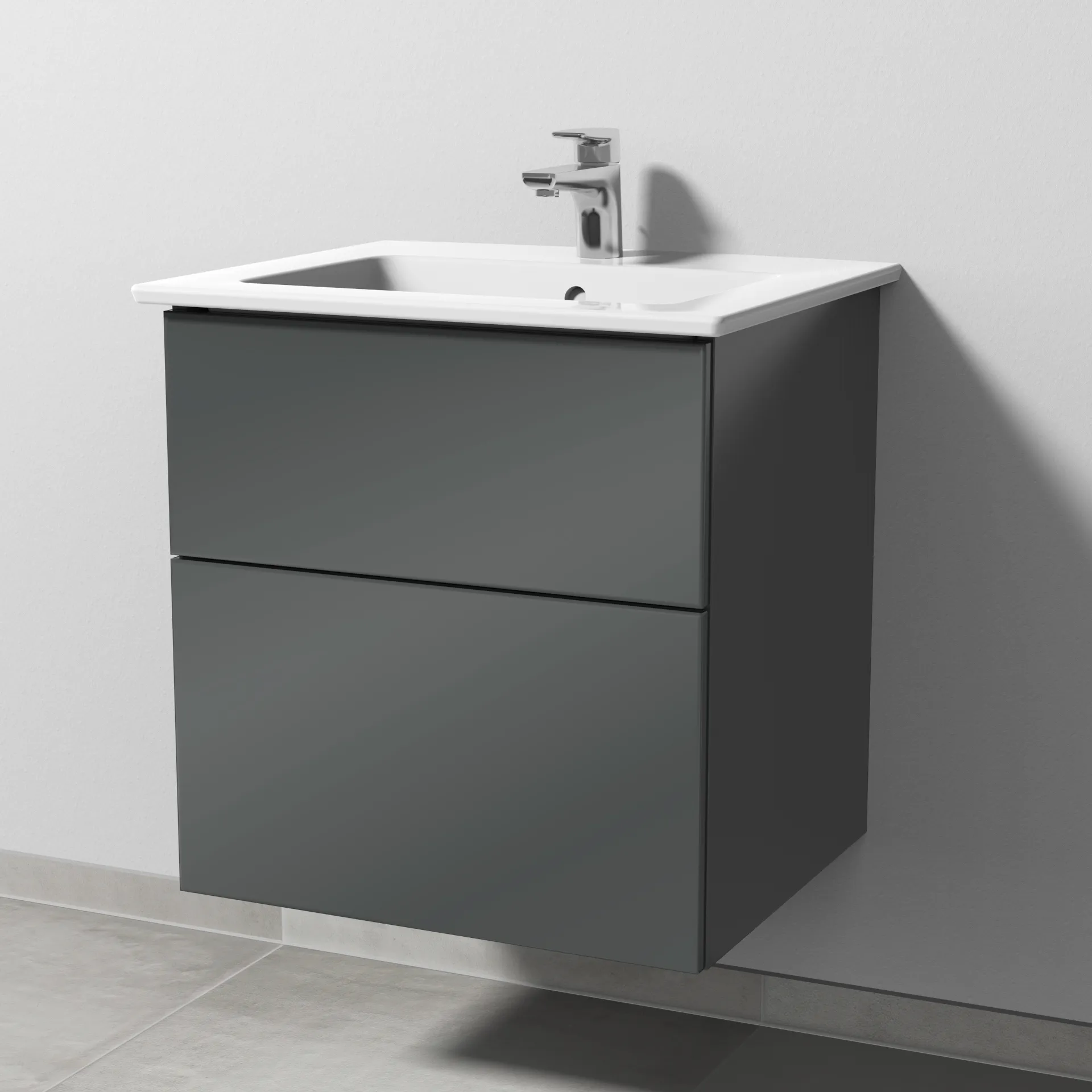 Keramik-Waschtisch-Set mit Waschtischunterschrank „3way“ 55,5 × 47,7 × 59,1 cm in Anthrazit (glanz), mit Hahnlochbohrung, Becken mittig Keramik-Waschtisch-Set mit Waschtischunterschrank „3way“ 55,5 × 47,7 × 59,1 cm in Anthrazit (glanz), mit Hahnlochbohrung, Becken mittig