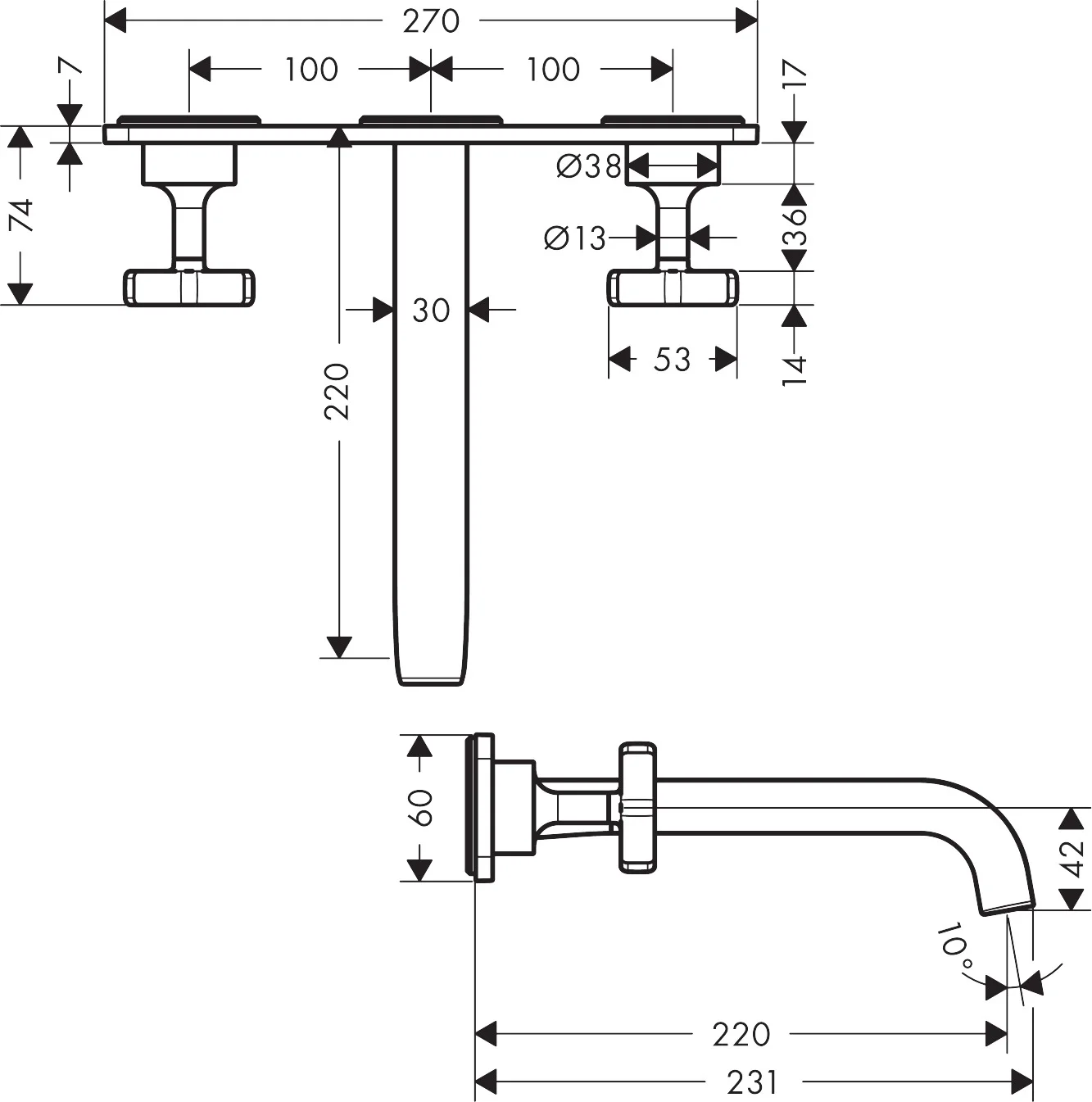 Hansgrohe AXOR Citterio E 3-Loch Waschtischarmatur Unterputz Wandmontage Chrom Ausladung 220 mm Kreuzgriff Laminarstrahl 5 l/min Keramikventile 180° Durchlauferhitzer geeignet unverschließbare Ablaufgarnitur DN15