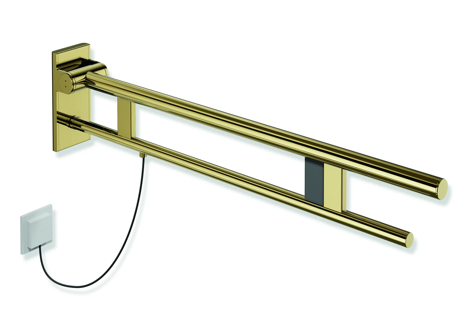 HEWI Stützklappgriff Duo, System 900, Design A, Edelstahl PVD gold glänzend, Ausladung 900 mm, Spülauslösung rechts