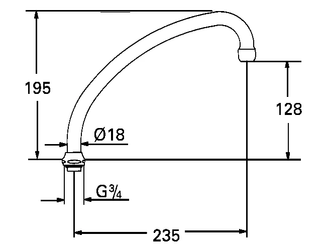 Rohrauslauf 13077, für Küchen-Standbatterien, 1/2″, Auslauf mit Mousseur, Verschraubung 3/4″, Ausladung 235 mm, ohne Anschlag, chrom