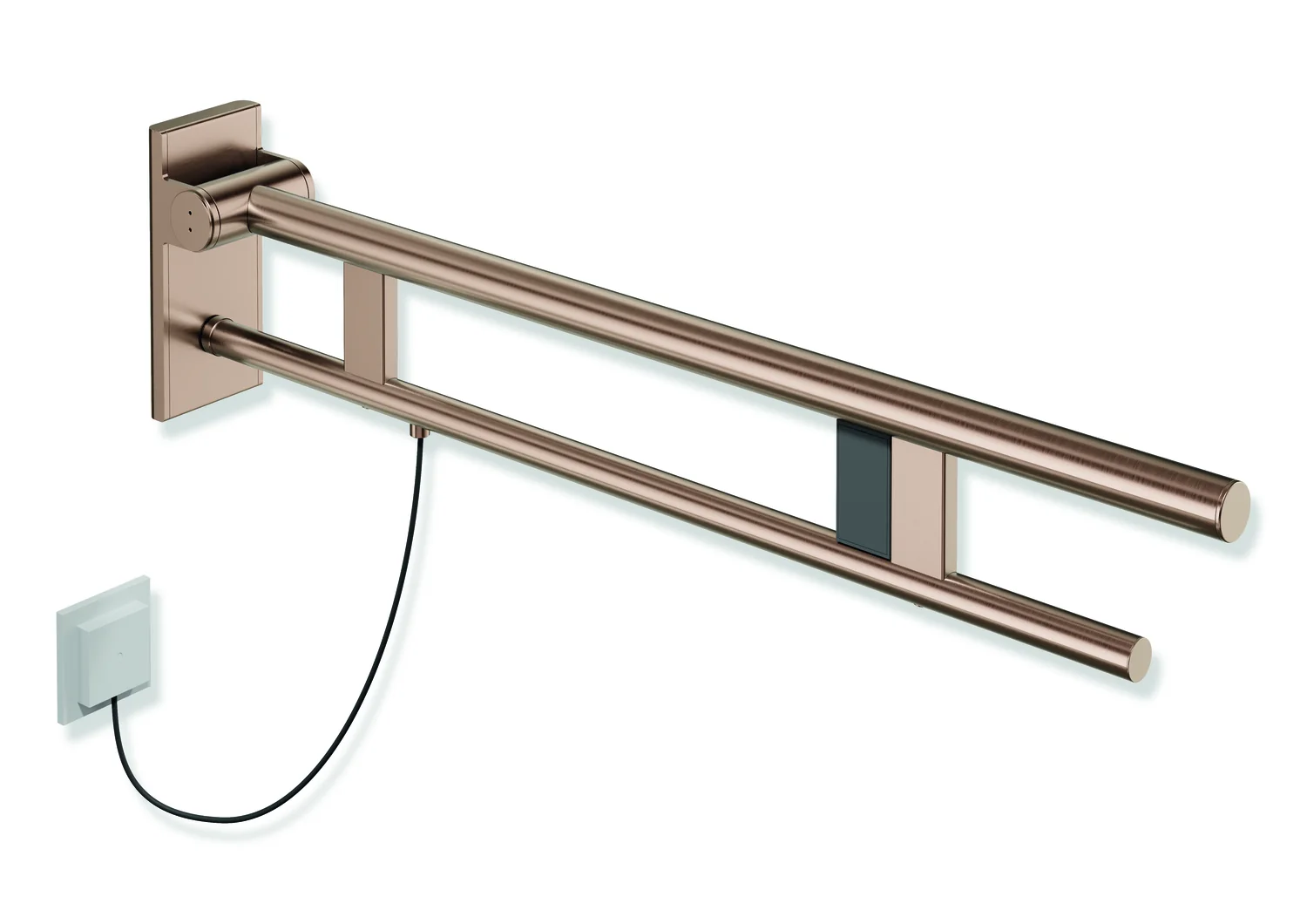 HEWI Stützklappgriff Duo System 900, Design A, Edelstahl PVD, Kupfer gebürstet, Ausladung 850 mm, rechts, mit Spül-/Funktionstasten
