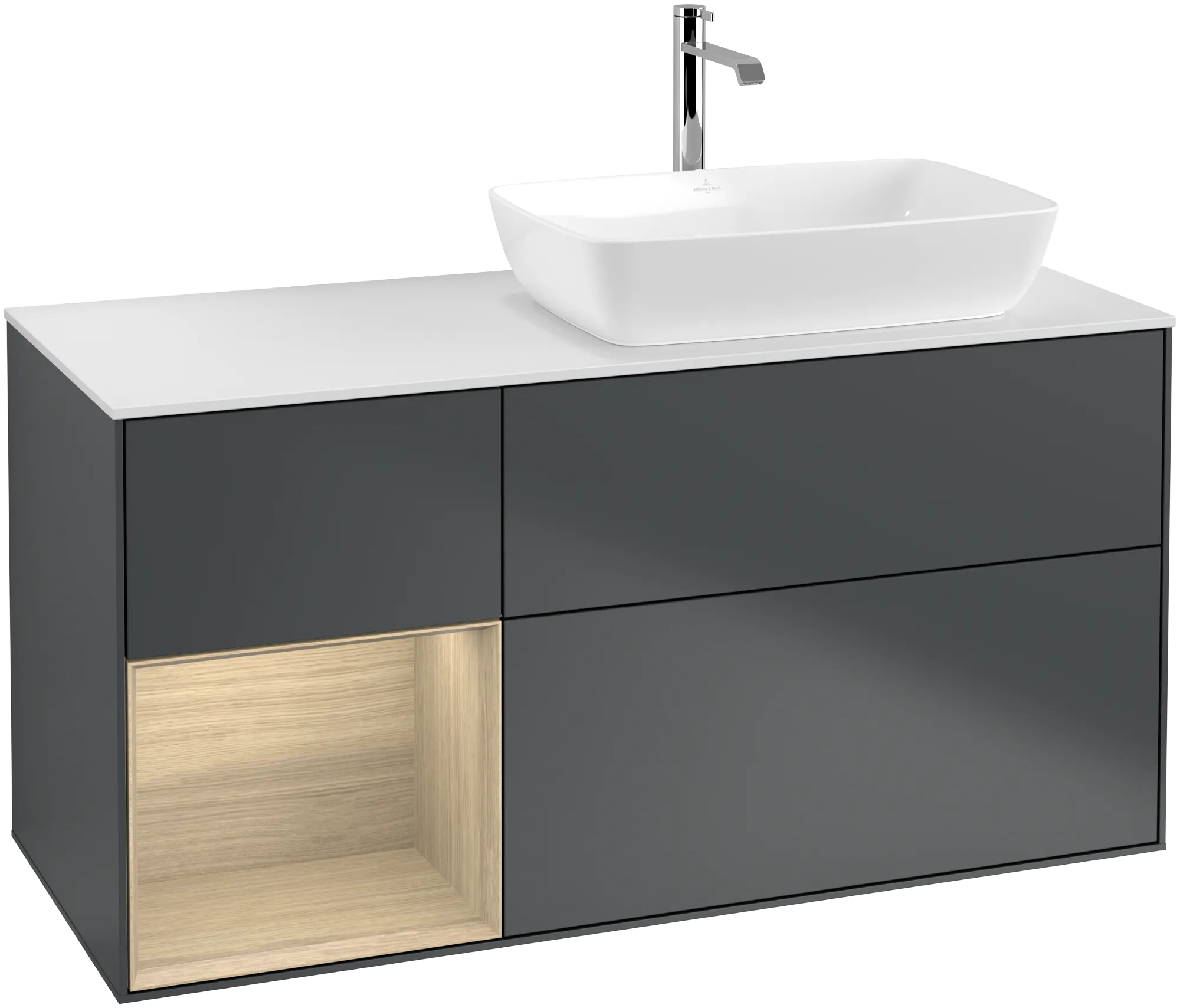 Villeroy & Boch Finion Waschbeckenunterschrank F80, 1200x603x501mm, Midnight Blue Matt Lacquer / Oak Veneer / Glass White Matt