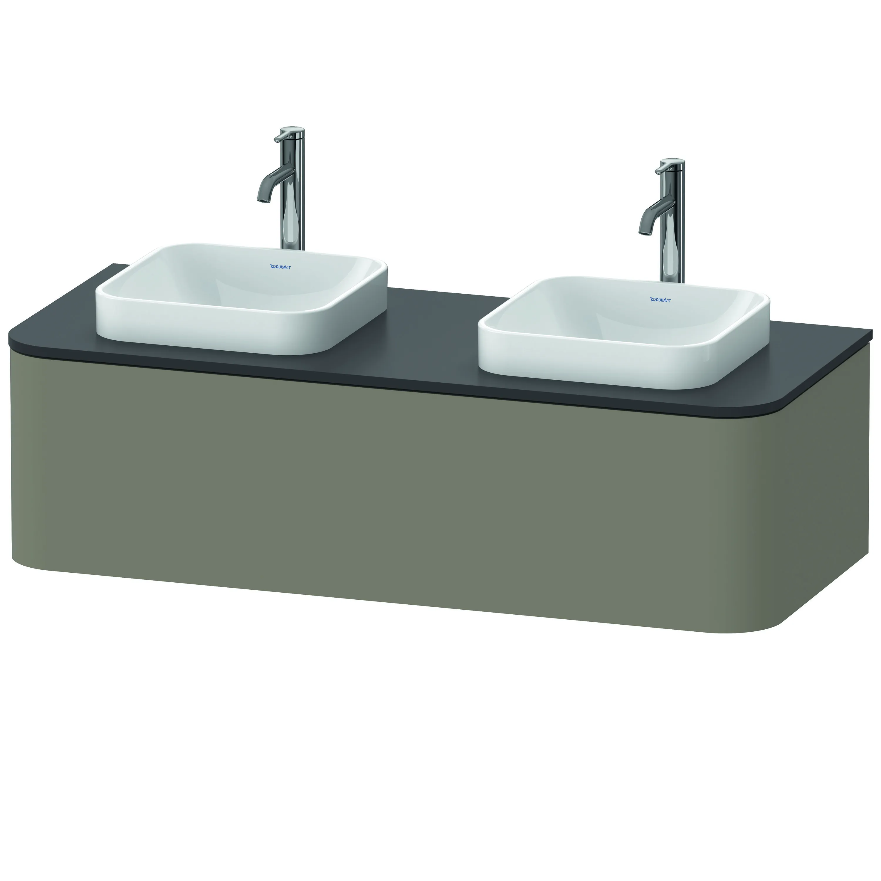 Duravit Waschtischunterschrank wandhängend „Happy D.2 Plus“ 130 × 35,4 × 55 cm Steingrau Seidenmatt Becken: links und rechts / Beleuchtung: ohne / Front- & Korpusfarbe: Steingrau Seidenmatt / Größe: 130 × 55 × 35,4 cm / Oberfläche: Lack / Schubladen: 1
