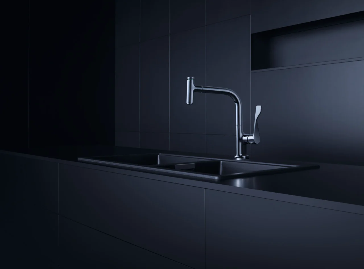 Hansgrohe AXOR Citterio Spültischmischer Select mit Ausziehauslauf, Chrom, ComfortZone 230, Schwenkbereich einstellbar auf 110° oder 150°, Normalstrahl, Select-Knopf, MagFit Brausehalterung, max. Durchflussmenge 9 l/min bei 3 bar, Keramikmischsystem, Tem