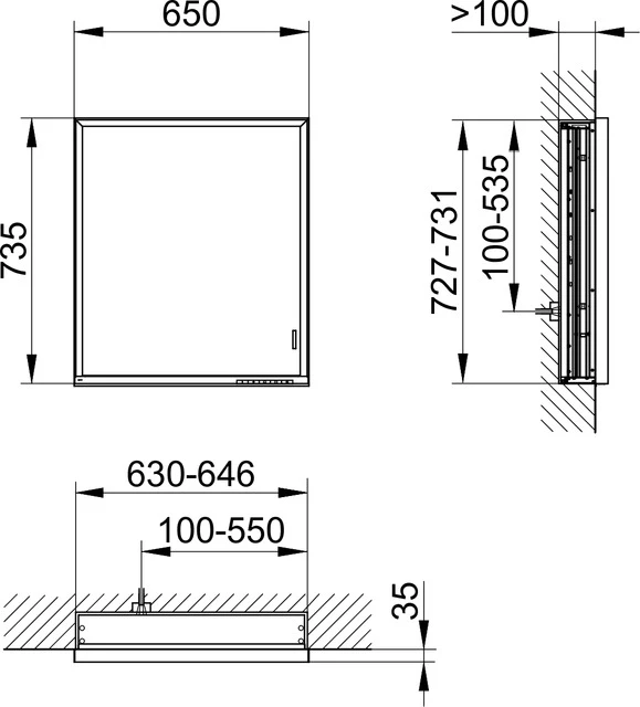 KEUCO ROYAL LUMOS Spiegelschrank Wandeinbau 1-türig lange Tür 650x735x130mm silber-eloxiert