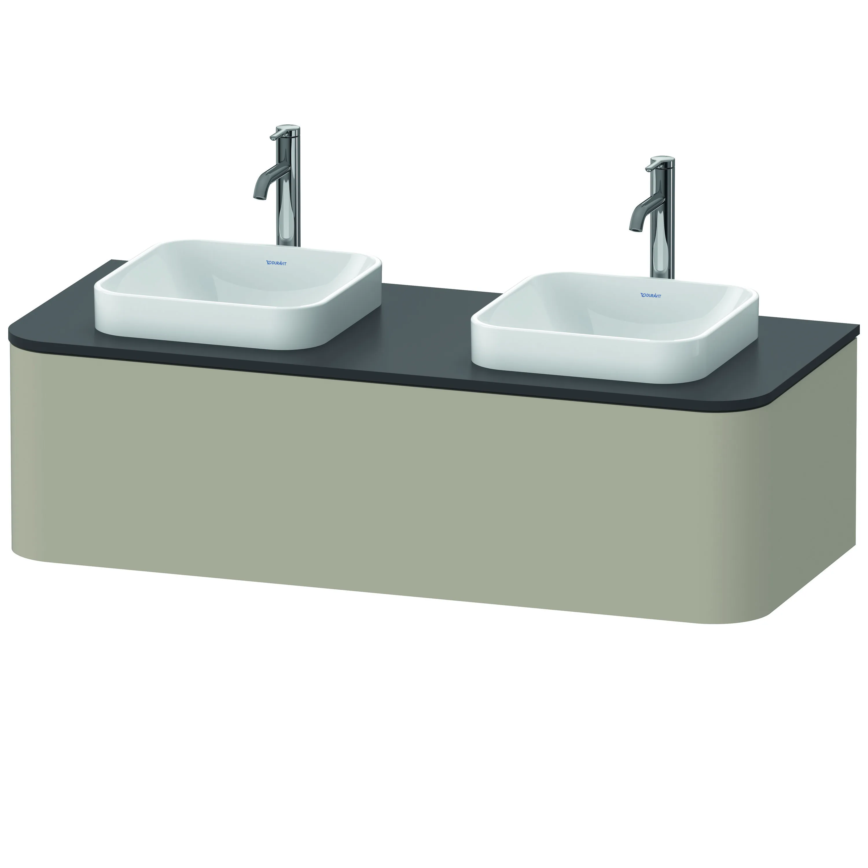 Duravit Waschtischunterschrank wandhängend „Happy D.2 Plus“ 130 × 35,4 × 55 cm Taupe Seidenmatt Becken: links und rechts / Beleuchtung: ohne / Front- & Korpusfarbe: Taupe Seidenmatt / Größe: 130 × 55 × 35,4 cm / Oberfläche: Lack / Schubladen: 1