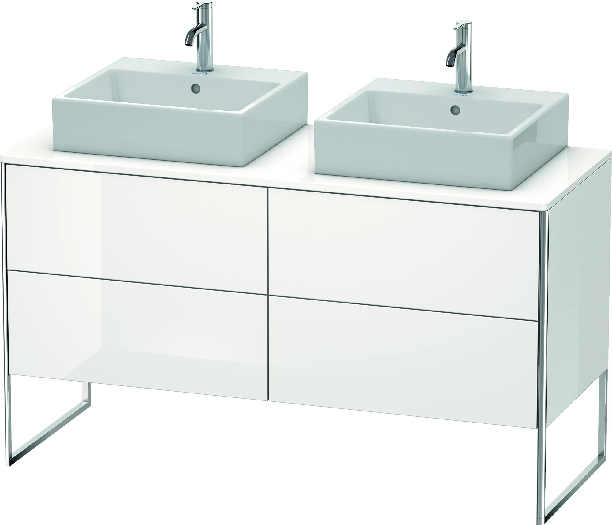 Duravit Waschtischunterschrank bodenstehend „XSquare“ 140 × 77,8 × 54,8 cm Weiß Hochglanz Becken: links und rechts / Front- & Korpusfarbe: Weiß Hochglanz / Größe: 140 × 54,8 × 77,8 cm / Oberfläche: Dekor / Profile: Chrom / Schubladen: 4 Duravit Waschtischunterschrank bodenstehend „XSquare“ 140 × 77,8 × 54,8 cm Weiß Hochglanz Becken: links und rechts / Front- & Korpusfarbe: Weiß Hochglanz / Größe: 140 × 54,8 × 77,8 cm / Oberfläche: Dekor / Profile: Chrom / Schubladen: 4