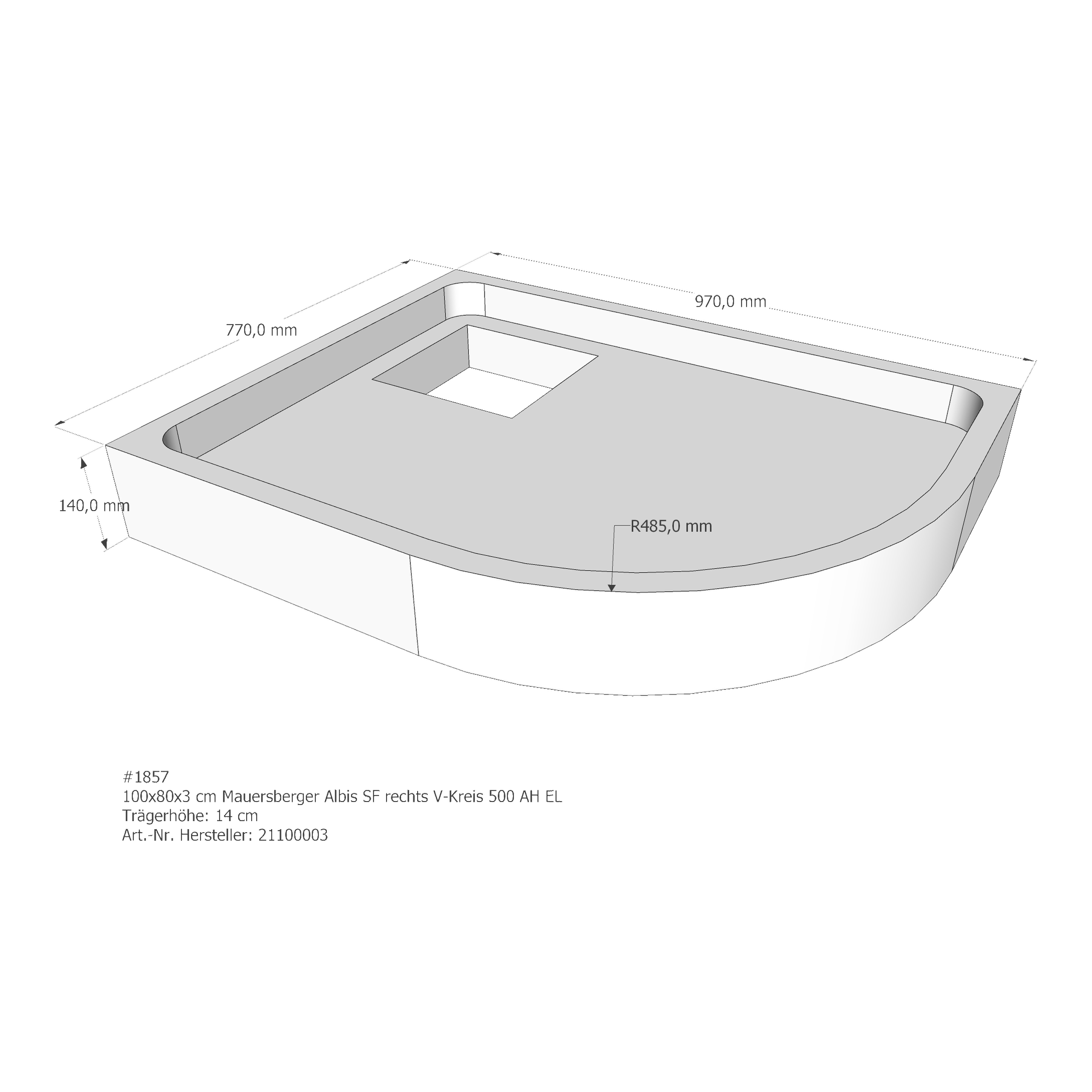 Duschwannenträger Mauersberger Albis 100/80 SF rechts 100x80x3 cm Viertelkreis R500 AH200 EL