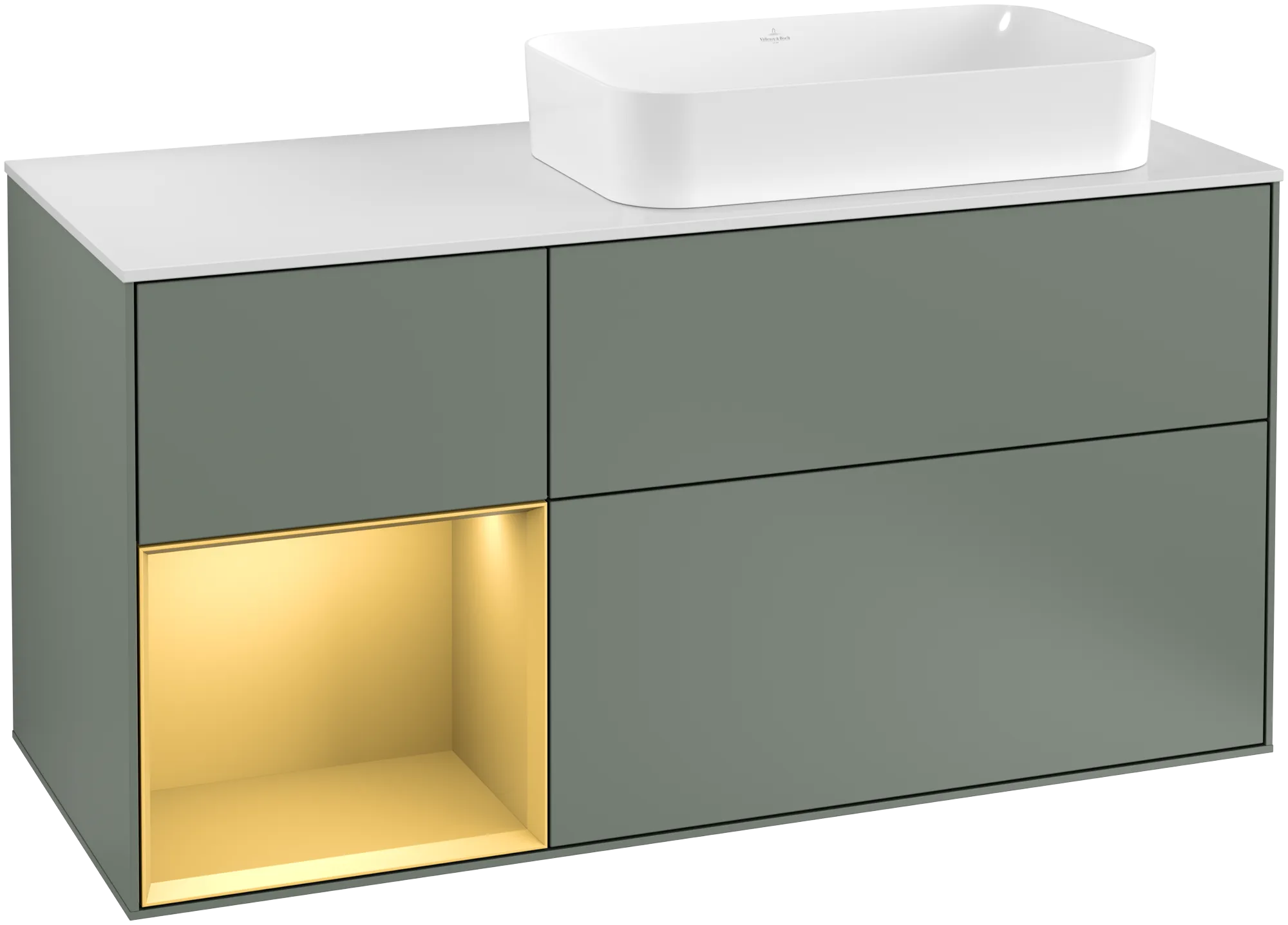 Villeroy & Boch Finion Waschbeckenunterschrank F27 1200x603x501mm Olive Matt Lacquer / Gold Matt Lacquer / Glass White Matt