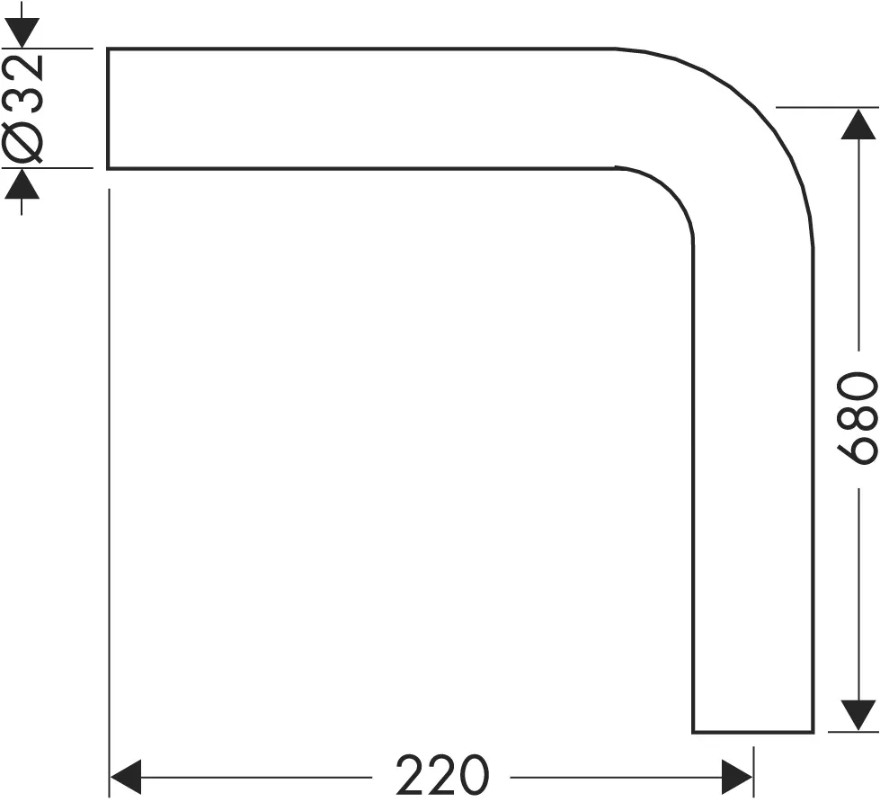Winkelrohr 90, o.Bord, MS, DN32, 220x680 chrom
