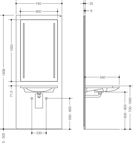 Waschtisch-Modul „S 50“ Set 74 × 183,8 cm