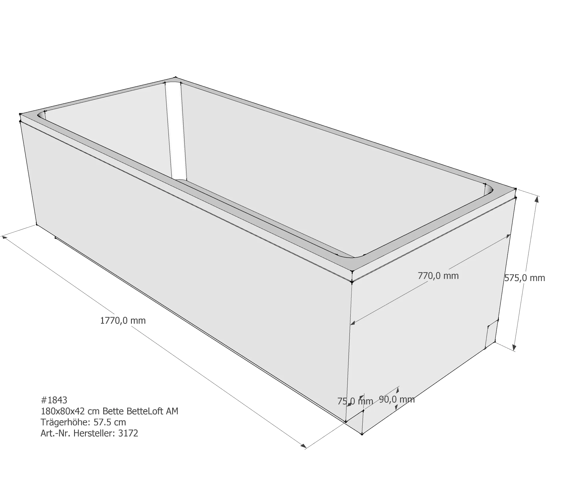 Badewannenträger für Bette Loft 180 × 80 × 42 cm Breite: 80 cm / Länge: 180 cm