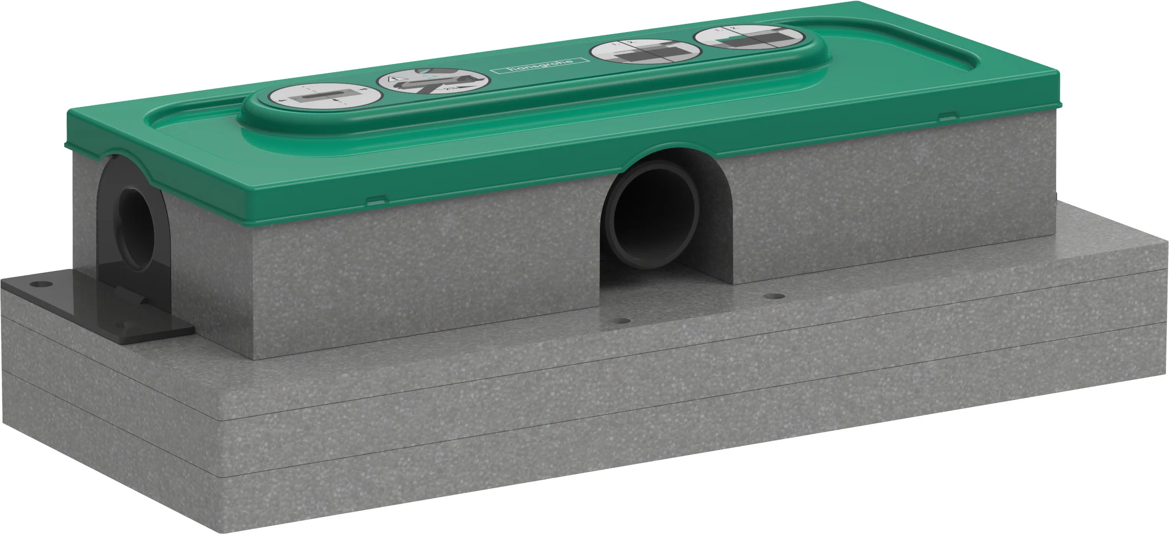 Hansgrohe uBox universal Grundkörper für Duschrinnen – Ablaufgehäuse DN40, waagerechter Auslass, 3-seitiger Anschluss, Sperrwasserscheibe 30 mm, Mindestbauhöhe 57 mm