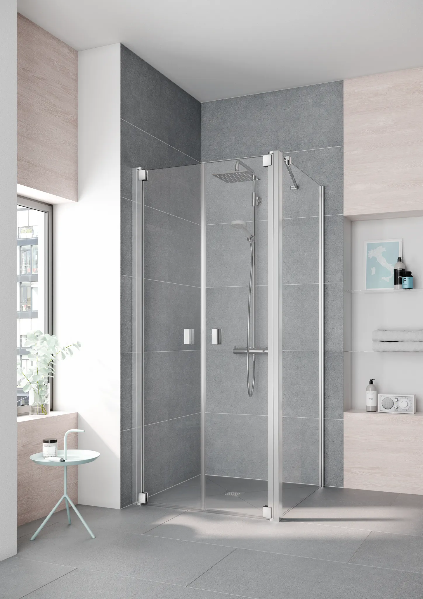 Kermi Pendeltür für Nische und Ecke „RAYA“ Glas Klar, Profile Silber Mattglanz, BV: 893 - 953 mm GAK: 880 - 930 mm WE: 893 - 953 mm H: 2000 mm