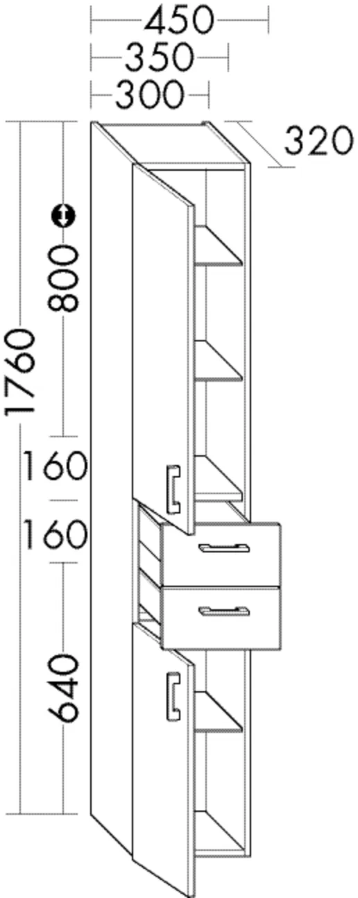 Hochschrank, 2 Türen;2 Schubladen;3 Glaseinlegeböden;2 feste Böden, Tiefe: 320 mm, Breite: 350 mm, Höhe: 1760 mm Hochschrank, 2 Türen;2 Schubladen;3 Glaseinlegeböden;2 feste Böden, Tiefe: 320 mm, Breite: 350 mm, Höhe: 1760 mm