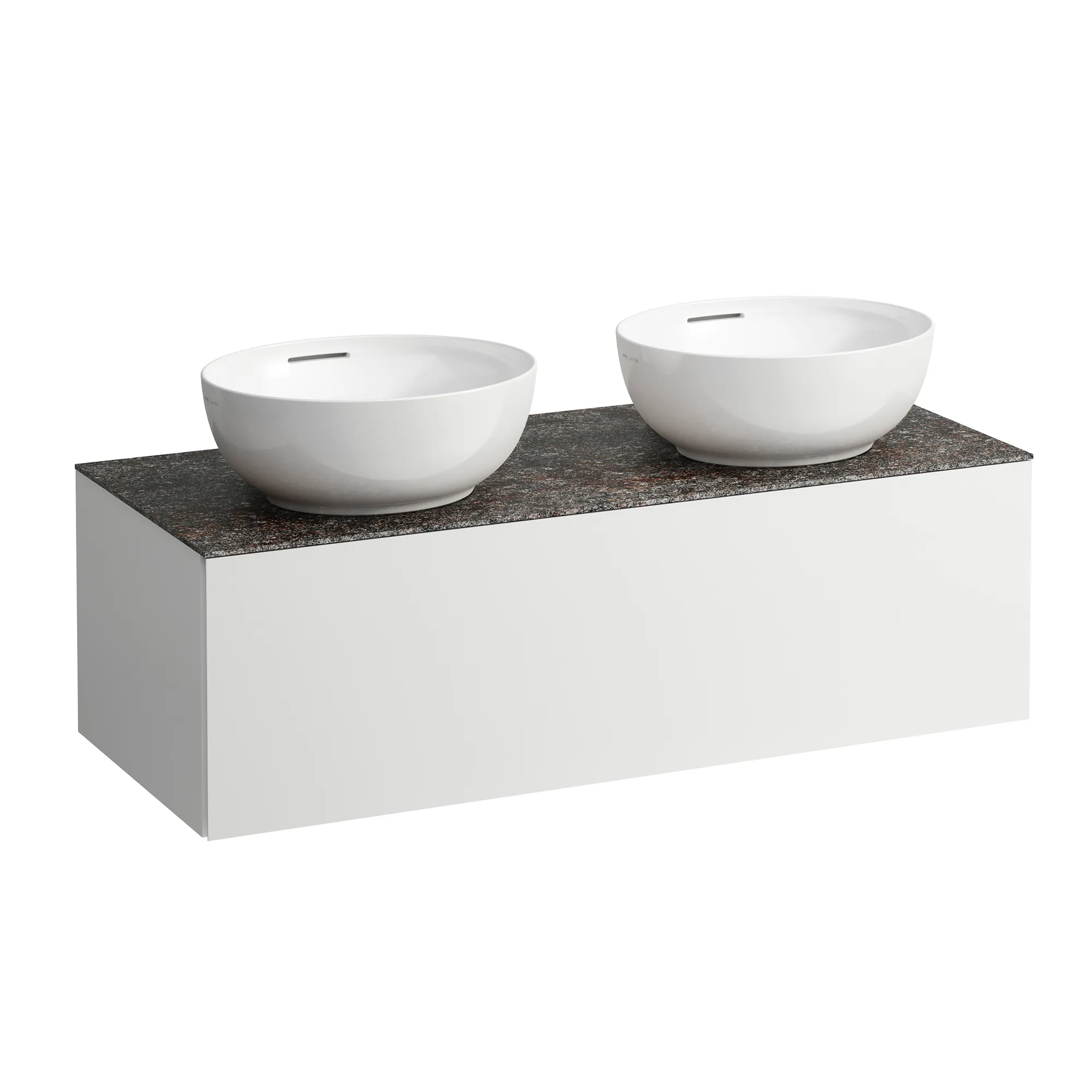 Schubladenelement (Waschtischunterbau+Waschtischplatte) ILBAGNOALESSI 500x1200x370 1 Schublade integrierte versteckte Griffe seitlich Vollauszug Soft-Close Ausschnitt links und rechts Marrone Naturale Top passend zu Waschtisch H818975/6 Weiß matt