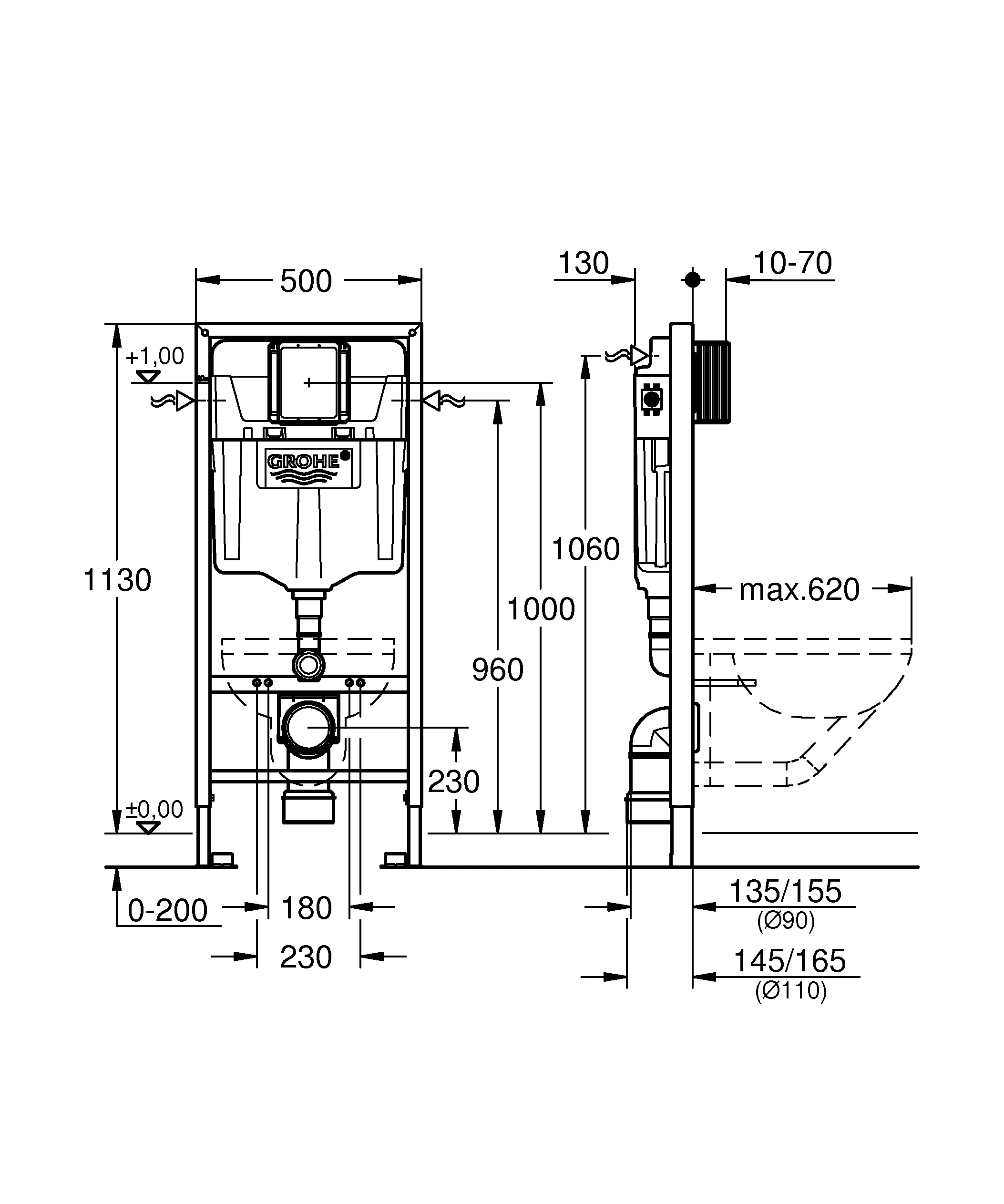 Wand-WC-Element Rapid SL 38528_1, Spülkasten GD 2, 1,13 m Bauhöhe, für Vorwand- oder Ständerwandmontage