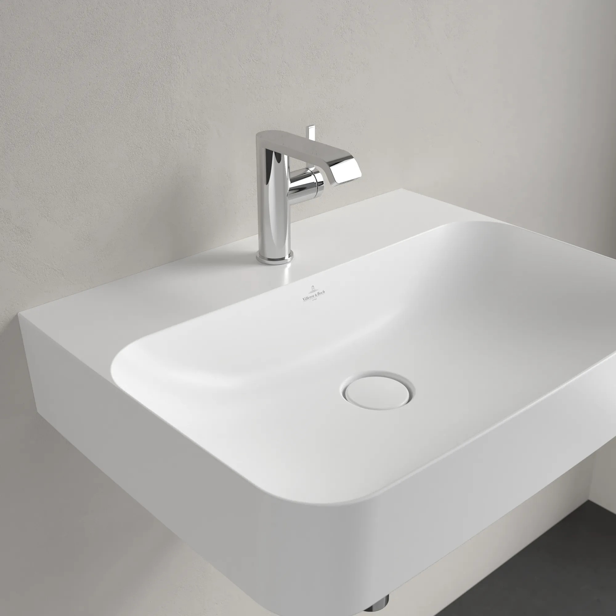 Villeroy & Boch Wandwaschtisch aus TitanCeram „Finion“ 600 × 470 × 164 mm, mit Hahnlochbohrung, Hahnlochposition mittig in Stone White, mit CeramicPlus