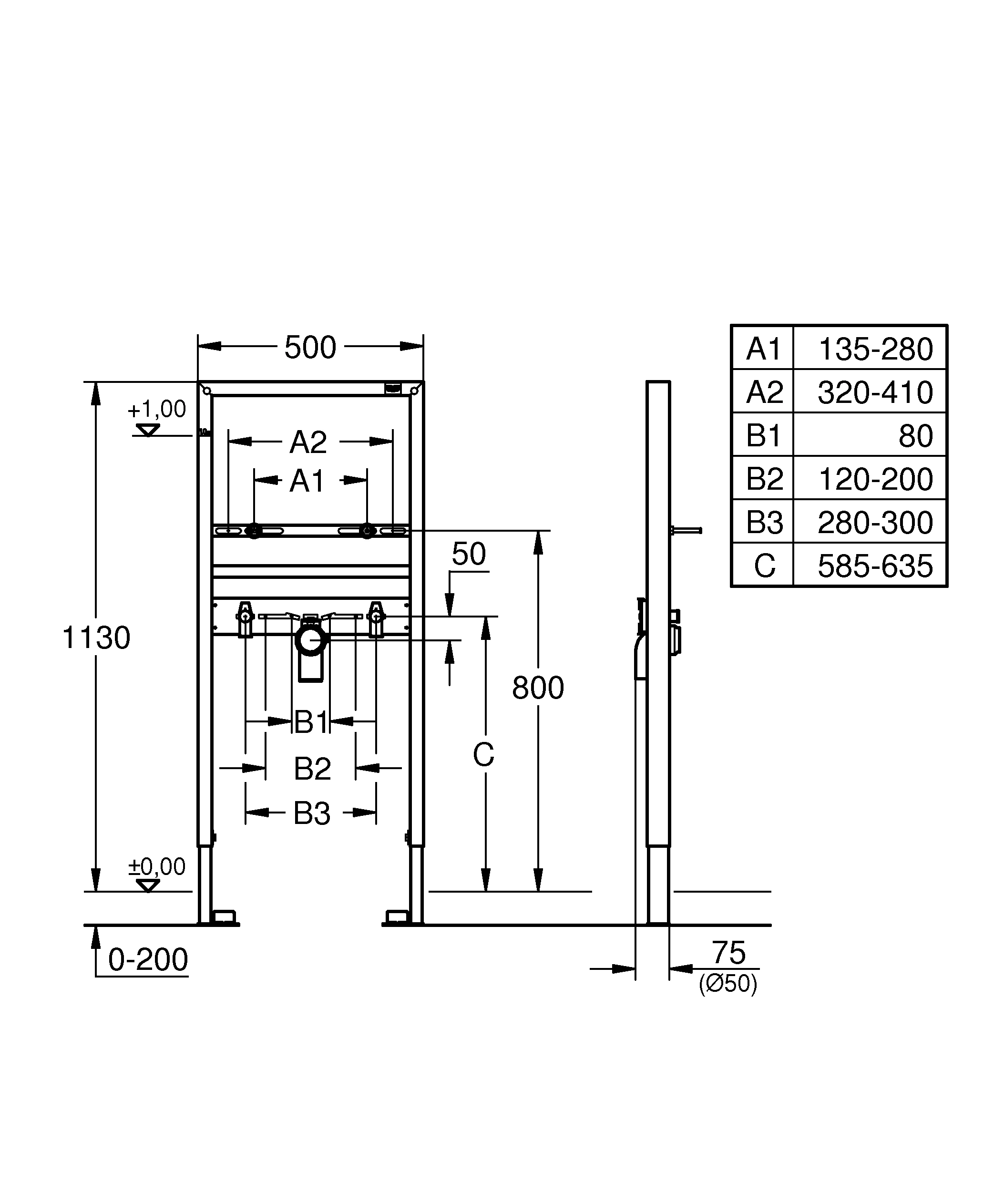 Waschtisch-Element Rapid SL 38554_1, 1,13 m Bauhöhe, für Vorwand- oder Ständerwandmontage, 2 schallgedämmte Armaturenanschlüsse DN 15, HT-Ablaufbogen DN 50