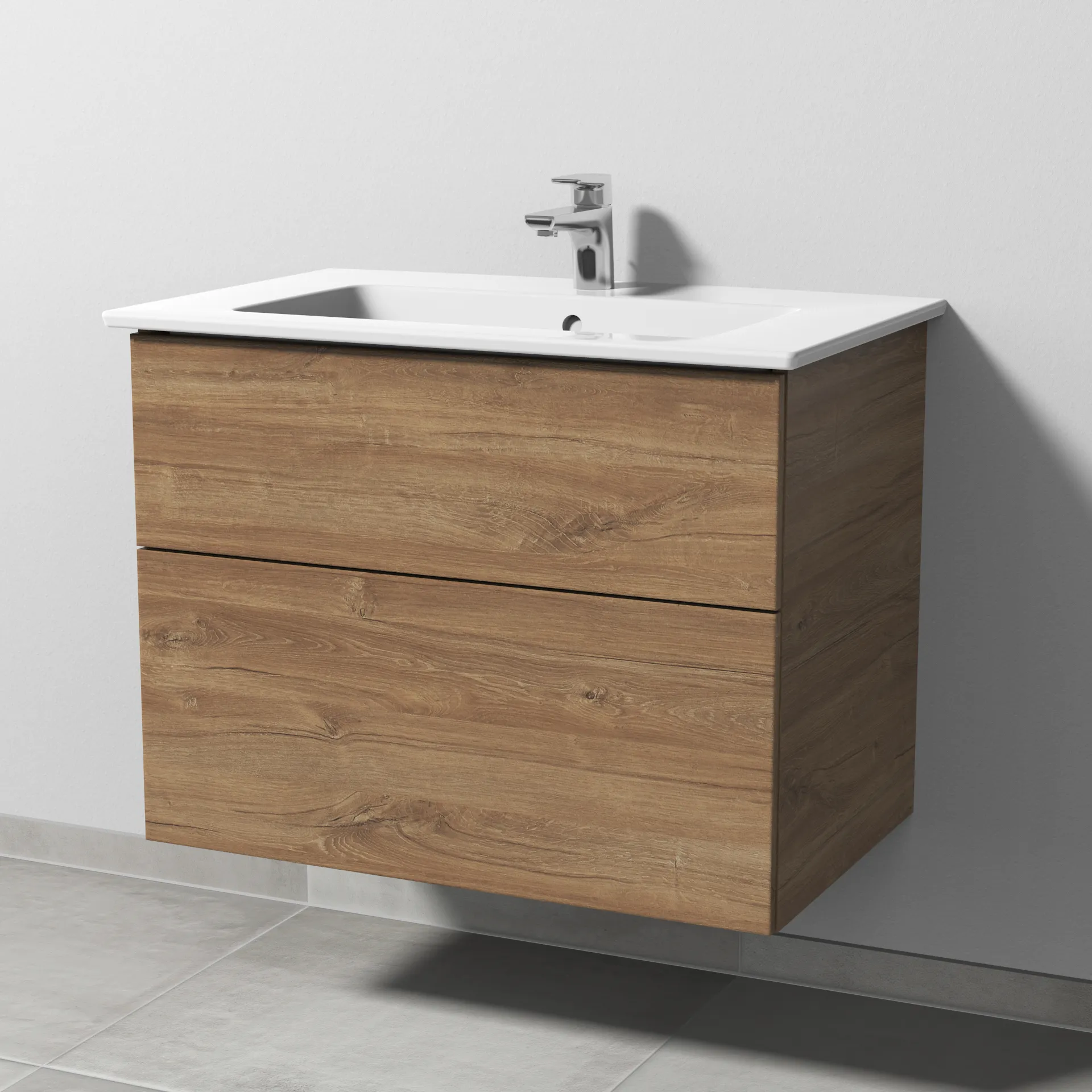 Sanipa Keramik-Waschtisch-Set mit Waschtischunterschrank „3way“ 75,5 × 47,7 × 59,1 cm in Eiche Kansas, mittig