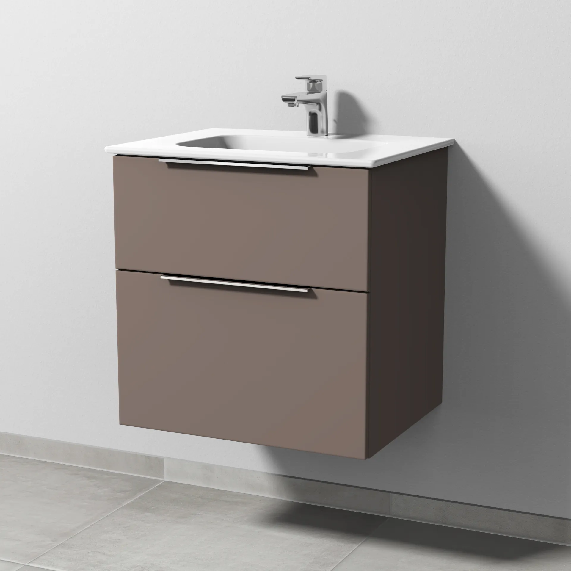 Keramik-Waschtisch-Set mit Waschtischunterschrank „3way“ 57 × 46 × 58,2 cm in Taupe (matt), mit Hahnlochbohrung, Becken mittig