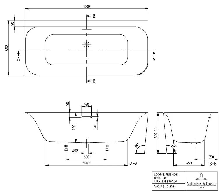 Villeroy & Boch Badewanne mit eckiger Innenform „Loop & Friends“ vorwand rechteck 180 × 80 cm, links