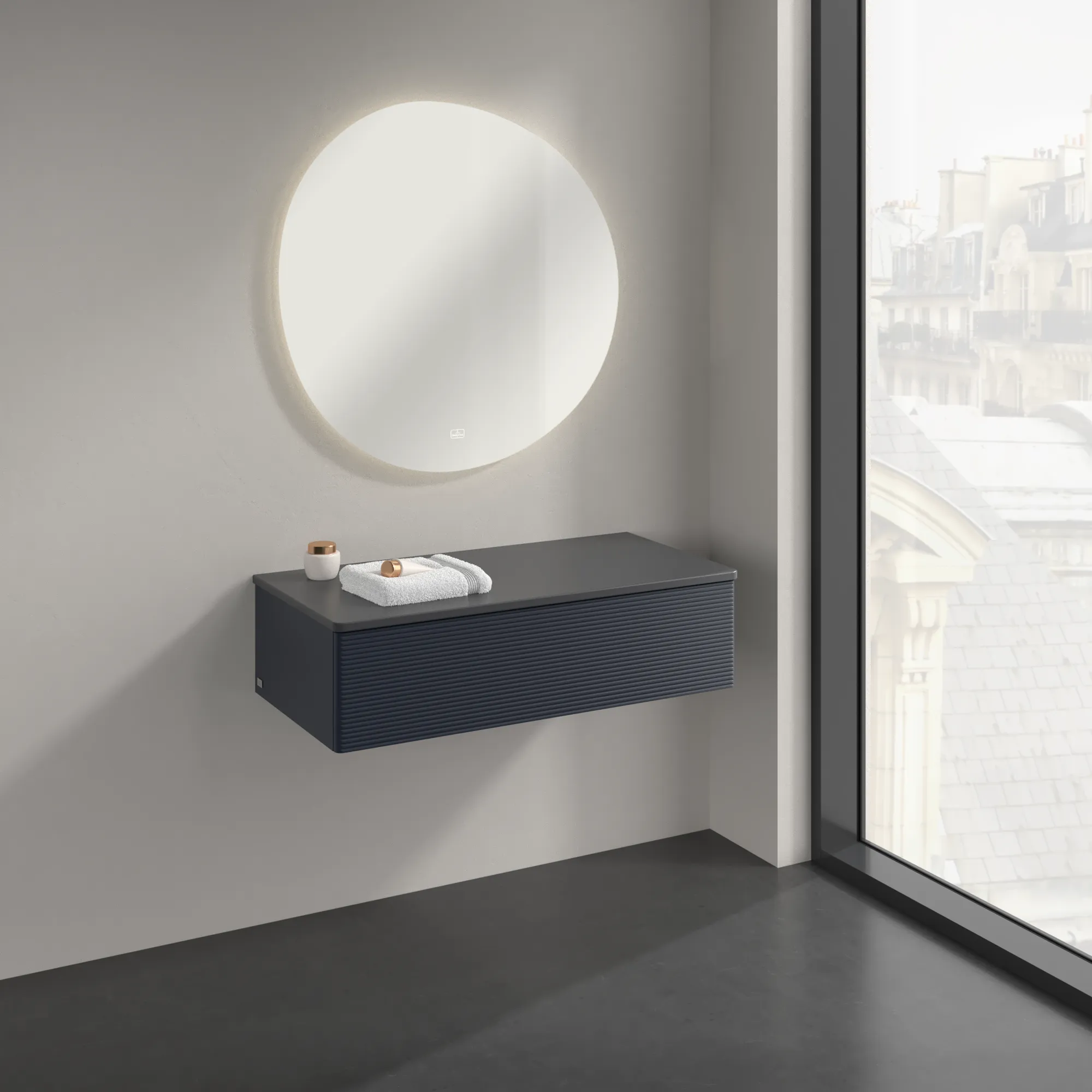 Villeroy & Boch Sideboard Antao K40, 1000x268x500 mm, Midnight Blue Matt Lacquer, 1 Auszug mit Anti-Rutschboden und Beleuchtung, Wandmontage