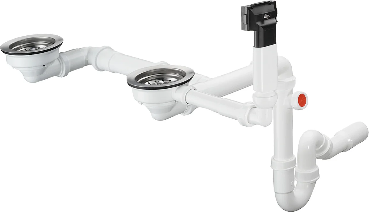Hansgrohe manuelle Ab- und Überlaufgarnitur Doppelbecken Granit D17-10 Chrom, Durchmesser 40/50 mm, 1 1/2" mit Raumsparablaufbogen und Röhrengeruchverschluss
