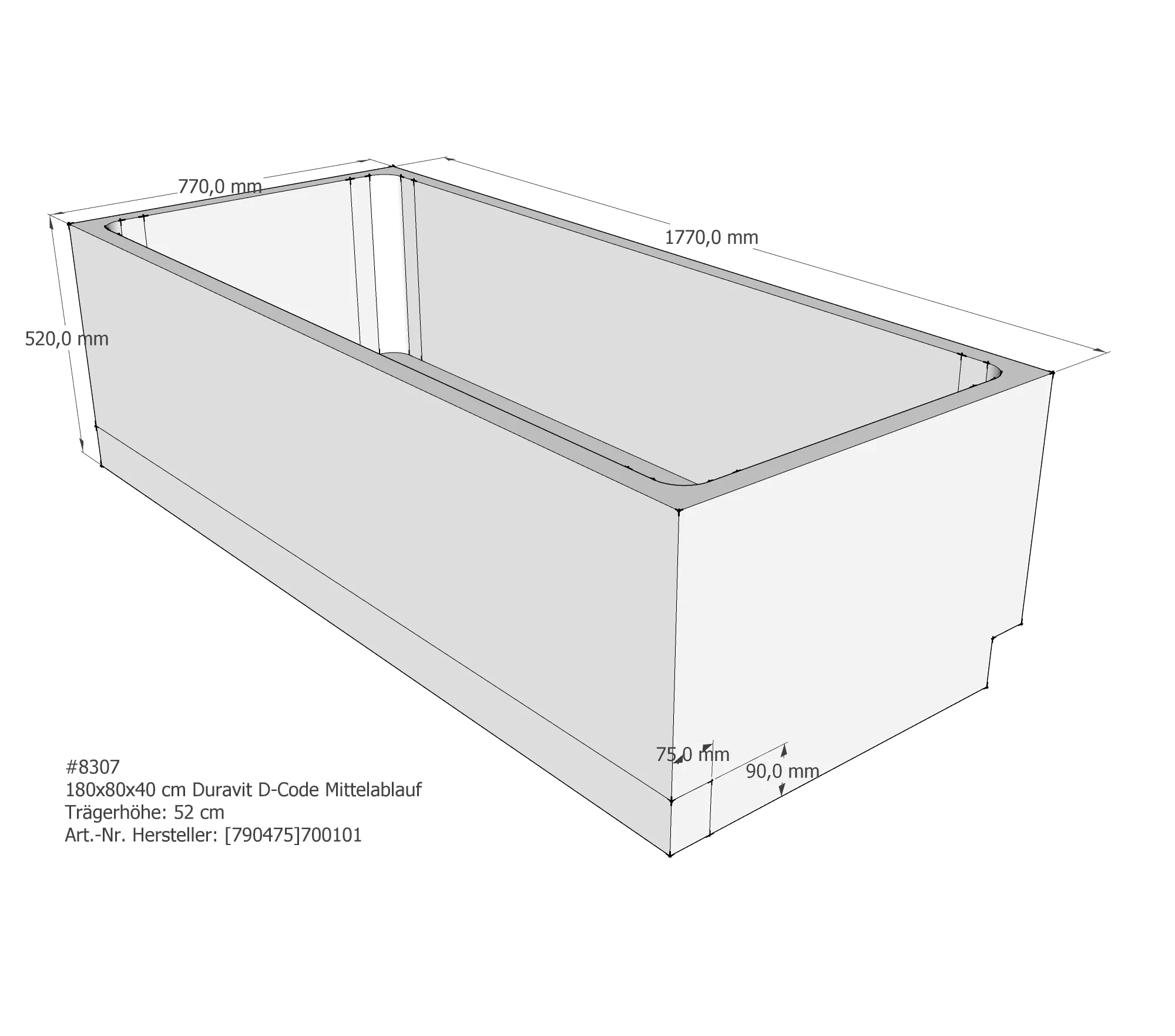 Badewannenträger für Duravit D-Code 180 × 80 × 40 cm Ablauf: Mittelablauf / Breite: 80 cm / Länge: 180 cm