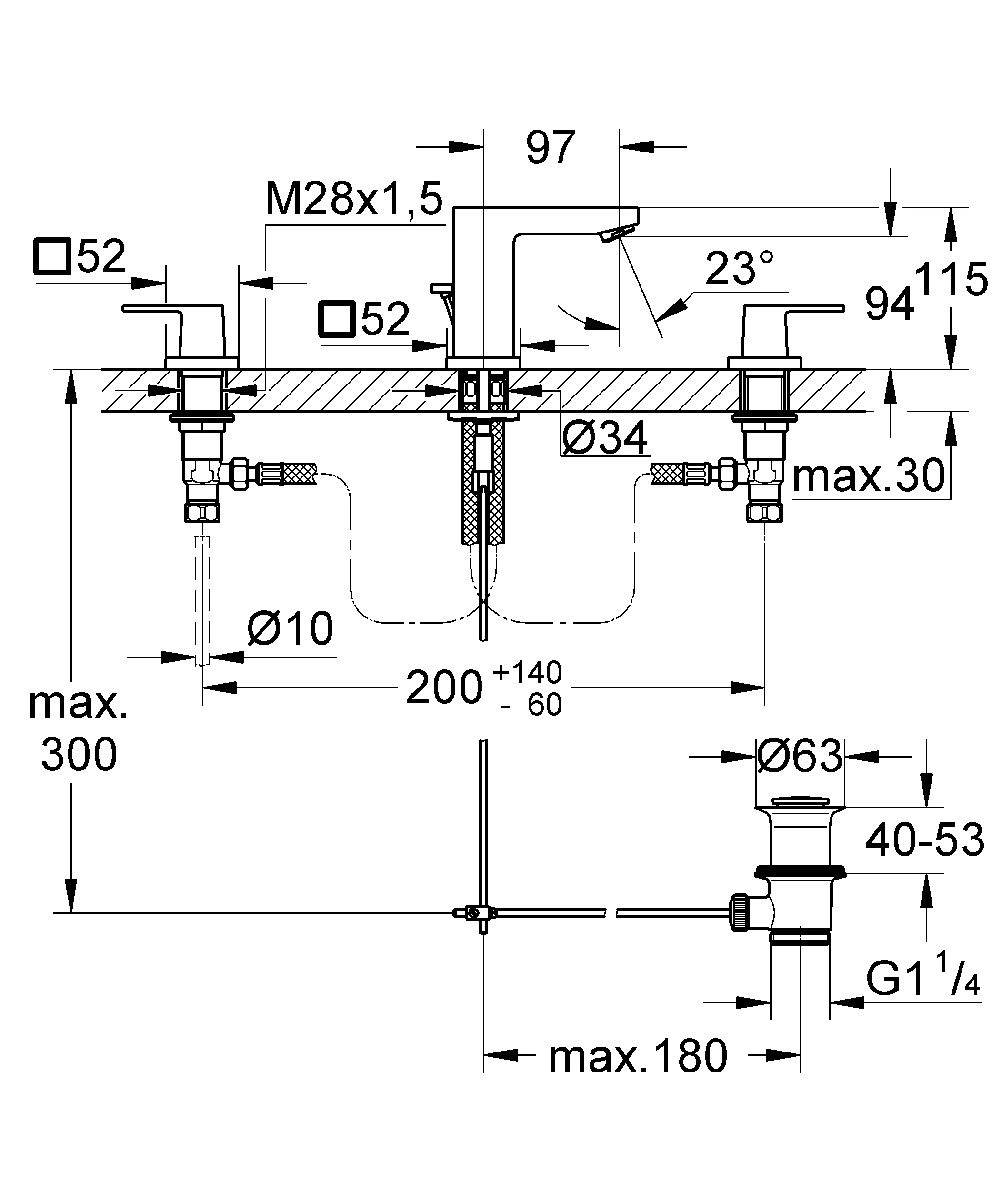 3-Loch-Waschtischbatterie Eurocube 20351, Zugstangen-Ablaufgarnitur 1 1/4'', chrom