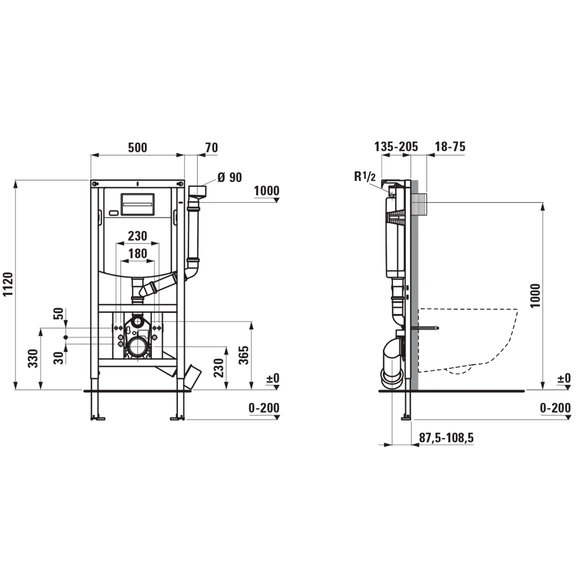 Installationselement INEOLINK mit Spülkasten und Anschluss für Geruchsabsaugung für Wand-WC und Dusch-WC, Bauhöhe 1120 mm, Stahlrahmen, Füße höhenverstellbar und drehbar, Spülkasten miteinstellbarem Spülstromregler (EN 14055)