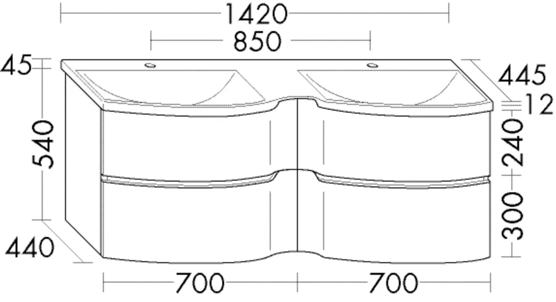 Mineralguss-Waschtisch inkl. Waschtischunterschrank, Mineralguss-Waschtisch;Muldentiefe: 120 mm;Beckenmaß: 630x420 mm;Waschtischunterschrank;2 Schubladen oben mit Siphonausschnitt und Inneneinteilung;2 Auszüge unten;inkl. cleanFlow, Tiefe: 445 mm, Breite