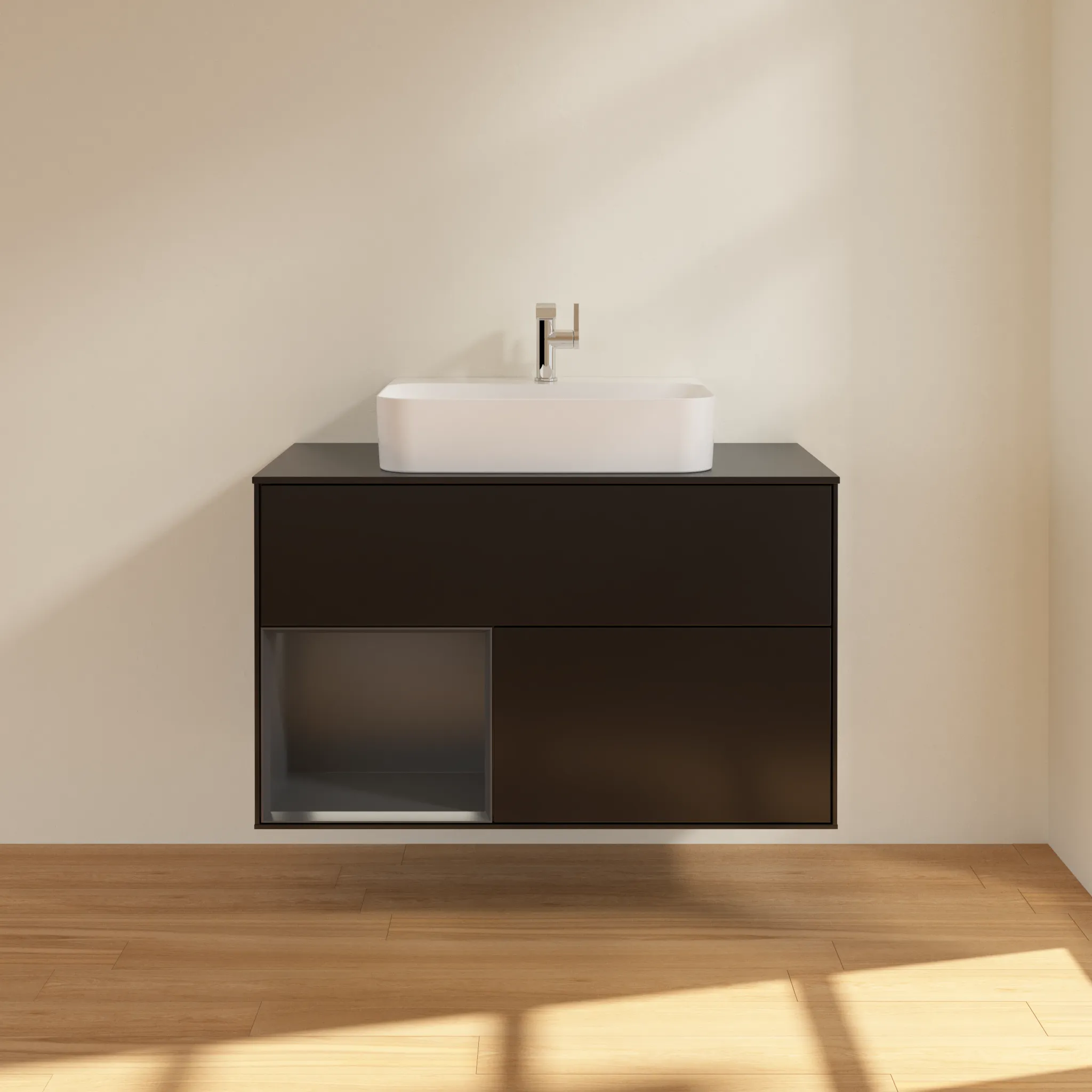 Villeroy & Boch Waschbeckenunterschrank Finion F11, 1000 x 603 x 501 mm, Black Matt Lacquer, mit Beleuchtung und Push-to-open Funktion Villeroy & Boch Waschbeckenunterschrank Finion F11, 1000 x 603 x 501 mm, Black Matt Lacquer, mit Beleuchtung und Push-to-open Funktion